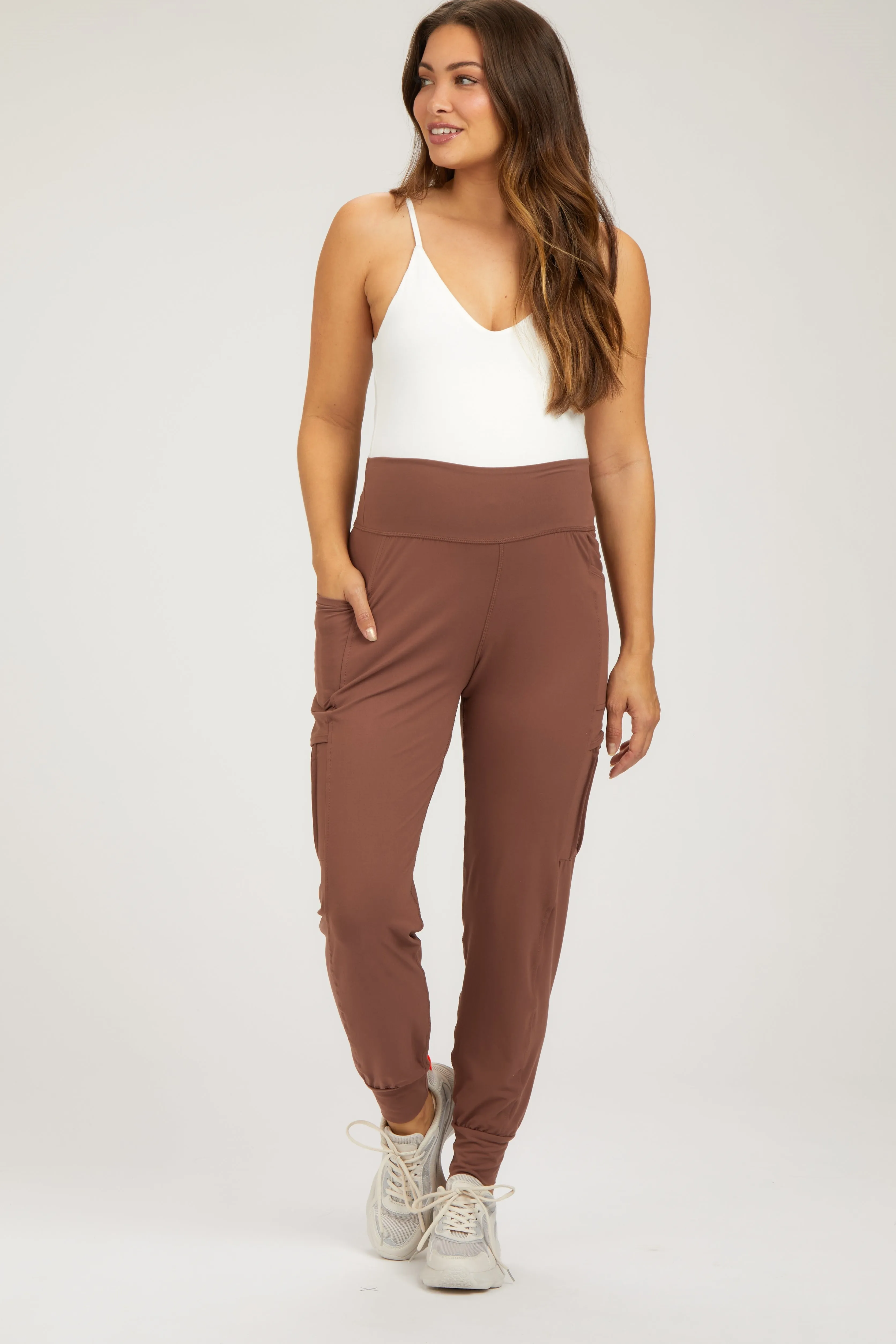 Brown Cargo Pocket Maternity Jogger Pants sold by Pinkblush