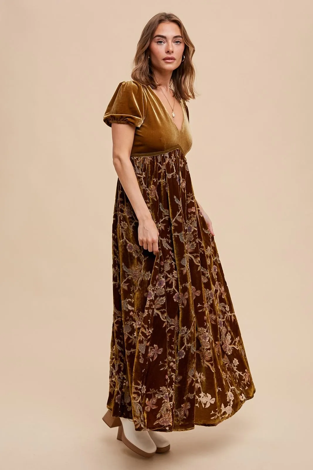 Camel Floral Burnout Velvet Maxi Dress sold by Pinkblush product image thumbnail 3