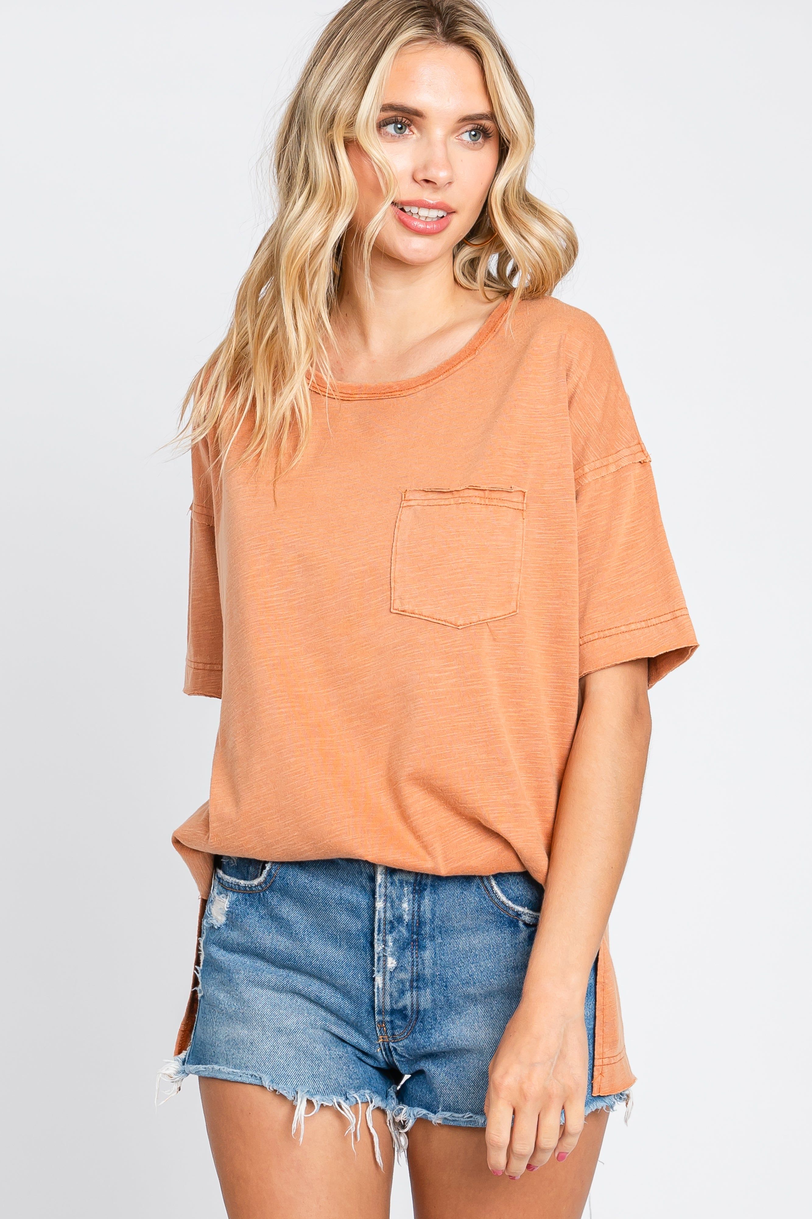 Rust Raw Hem Front Pocket T-Shirt sold by Pinkblush