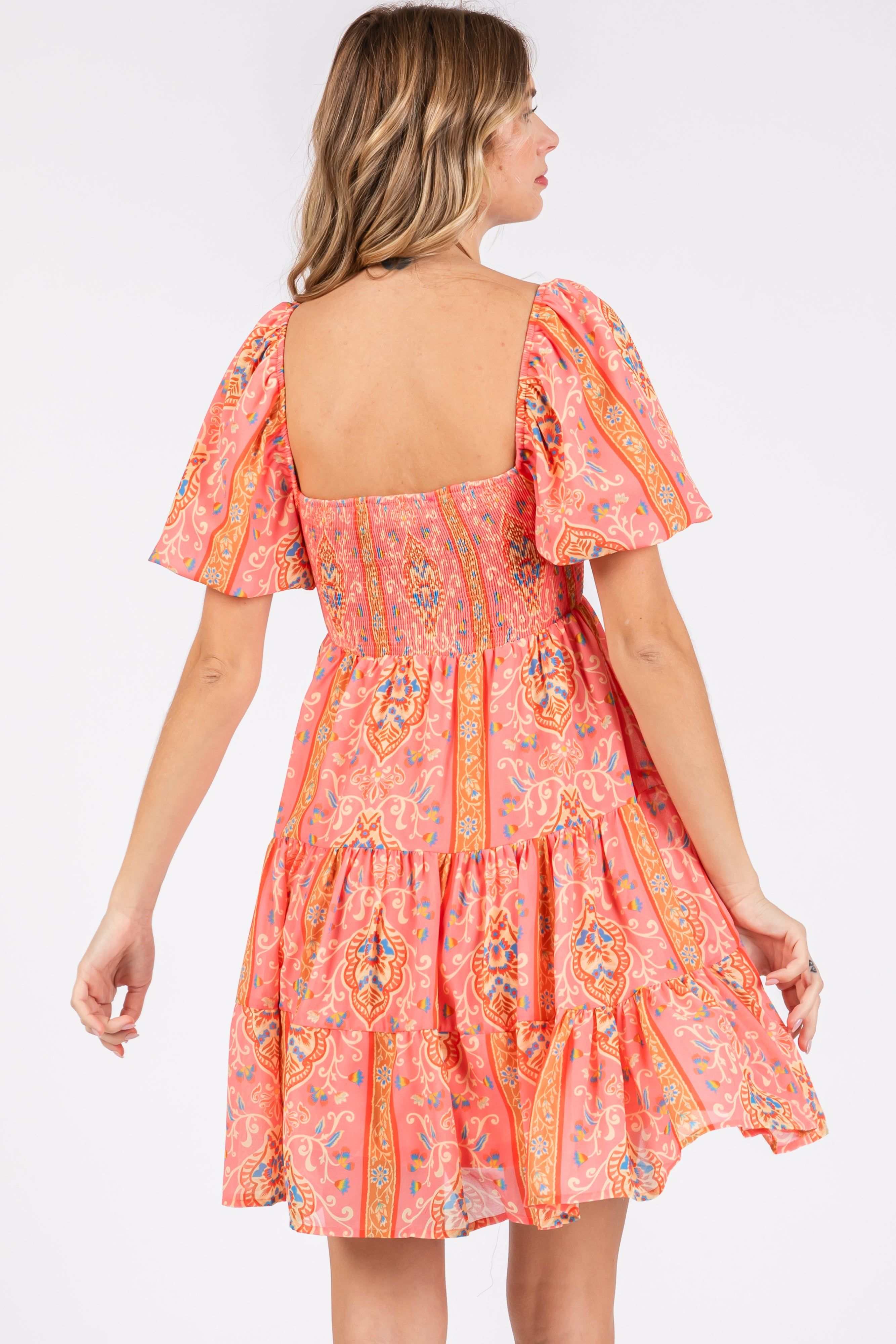 Pink Floral Smocked V-Neck Short Puff Sleeve Dress sold by Pinkblush product image thumbnail 3