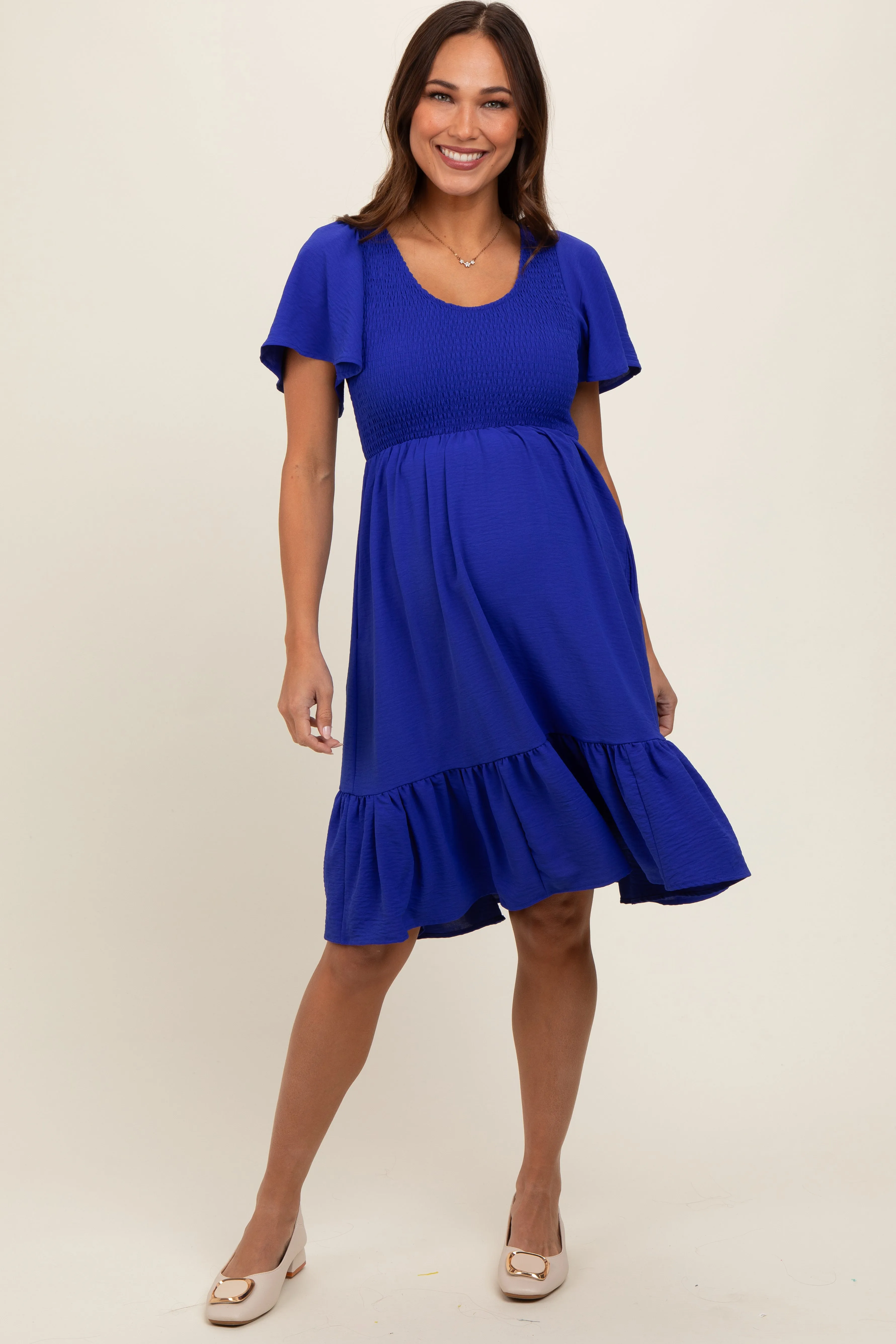 Royal Blue Smocked Ruffle Hem Maternity Dress sold by Pinkblush