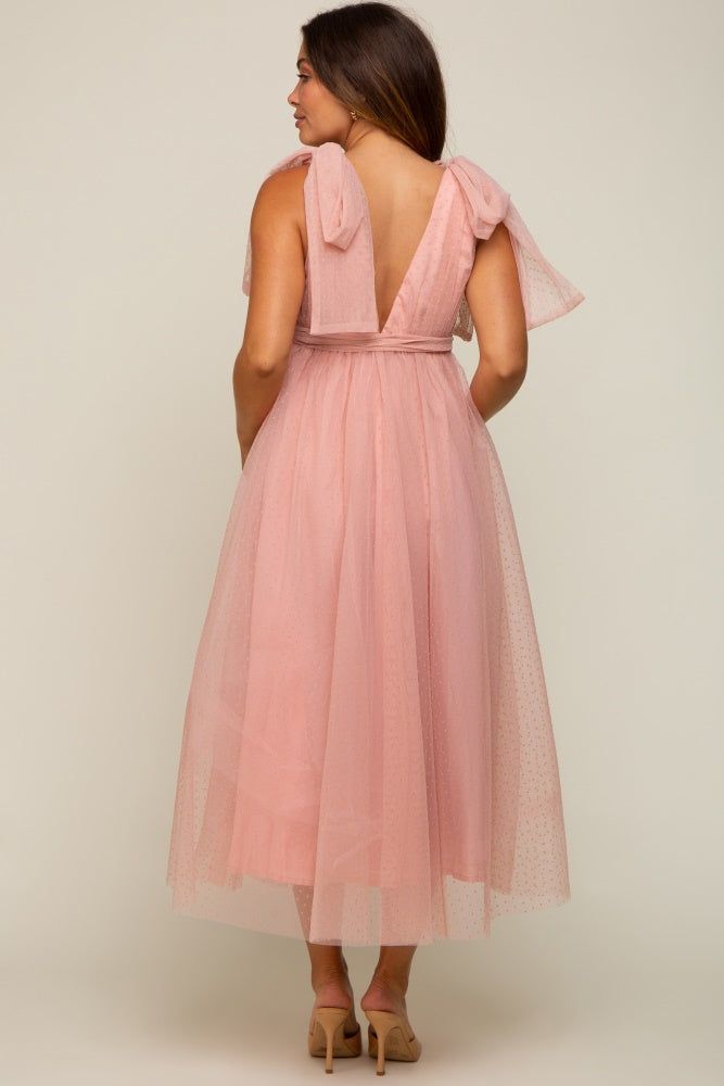 Pink Dotted Tulle Deep V-Neck Shoulder Tie Maternity Midi Dress sold by Pinkblush product image thumbnail 4