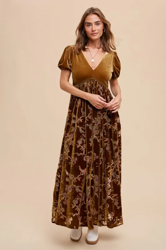 Camel Floral Burnout Velvet Maxi Dress sold by Pinkblush