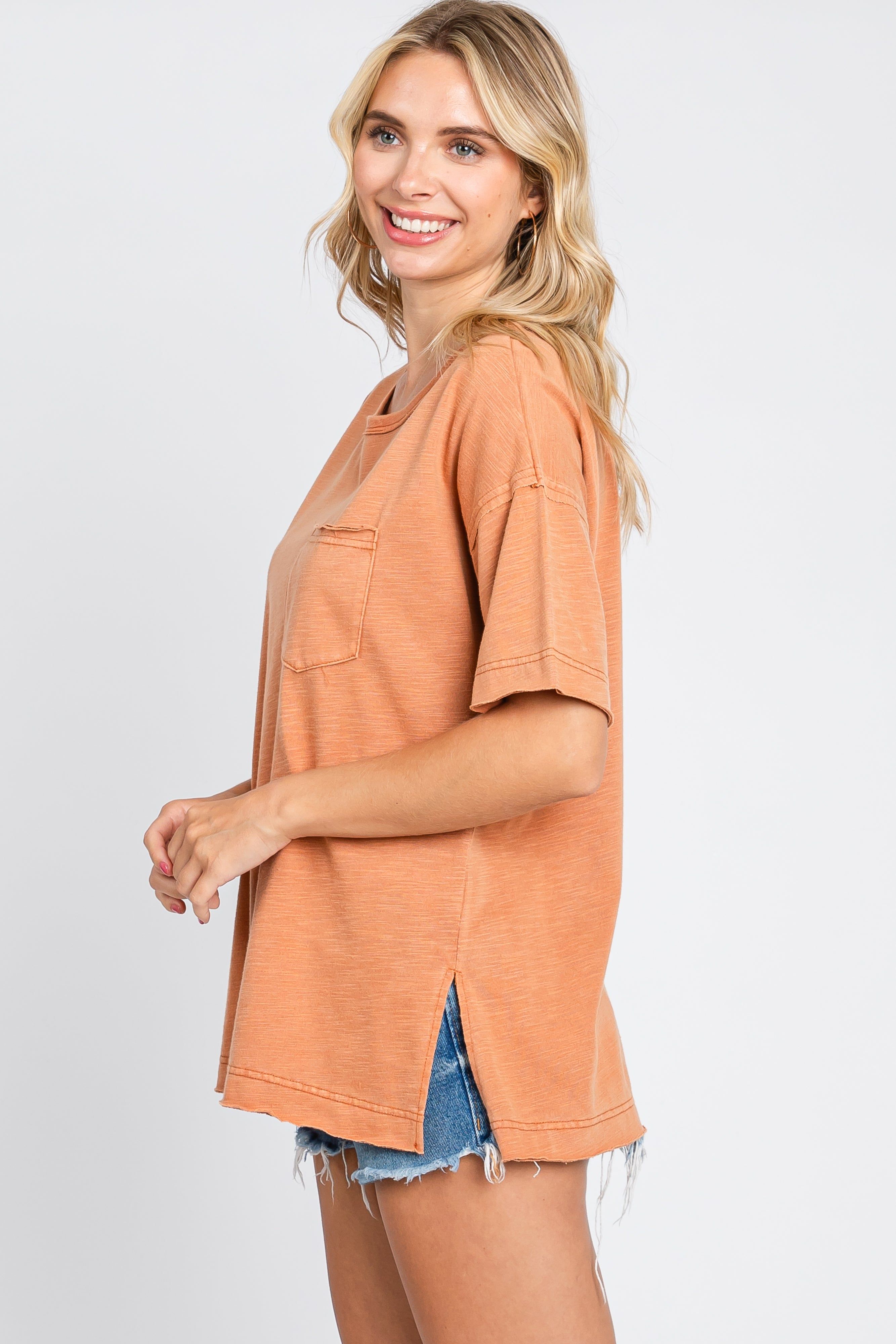 Rust Raw Hem Front Pocket T-Shirt sold by Pinkblush product image thumbnail 2