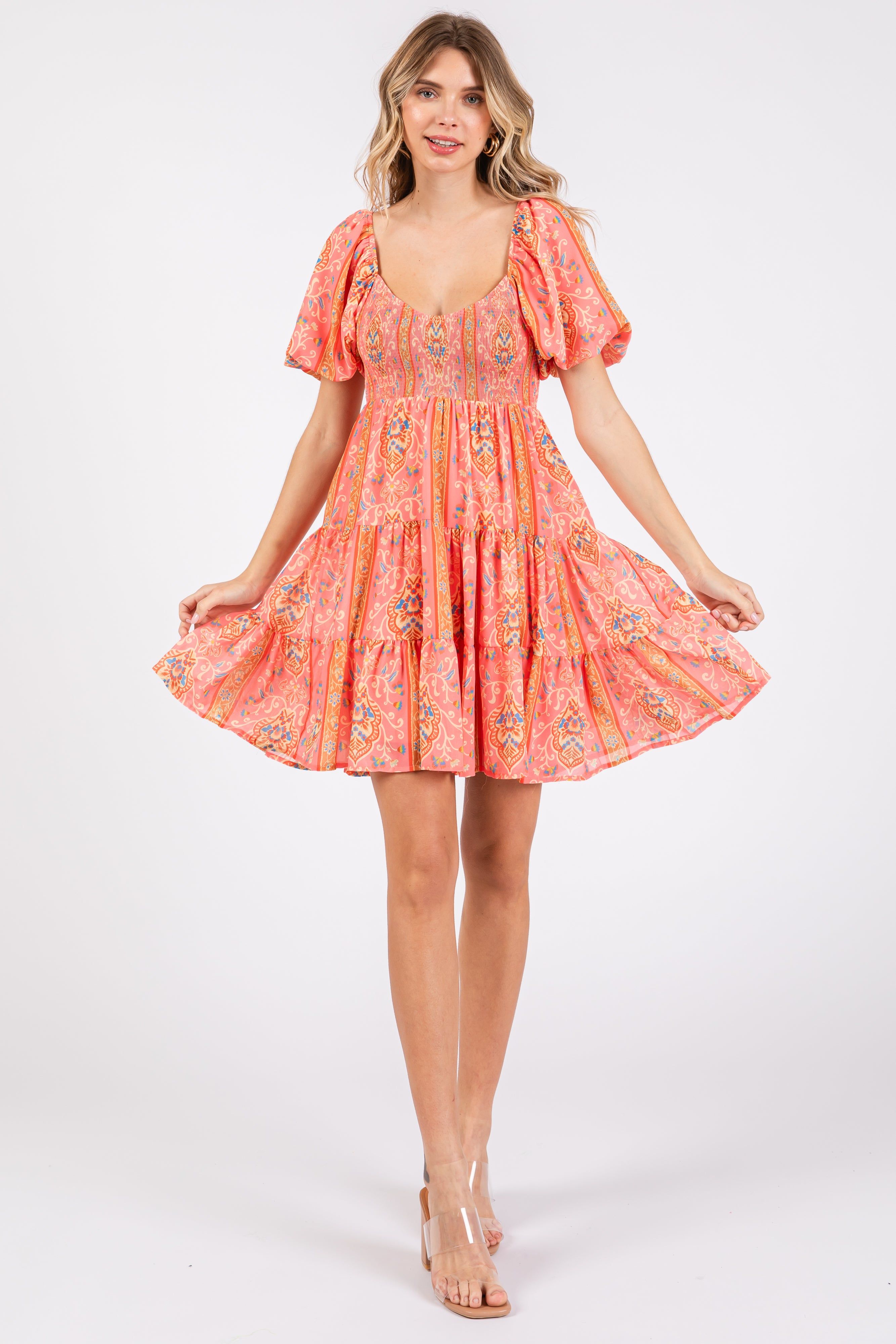 Pink Floral Smocked V-Neck Short Puff Sleeve Dress sold by Pinkblush product image thumbnail 4