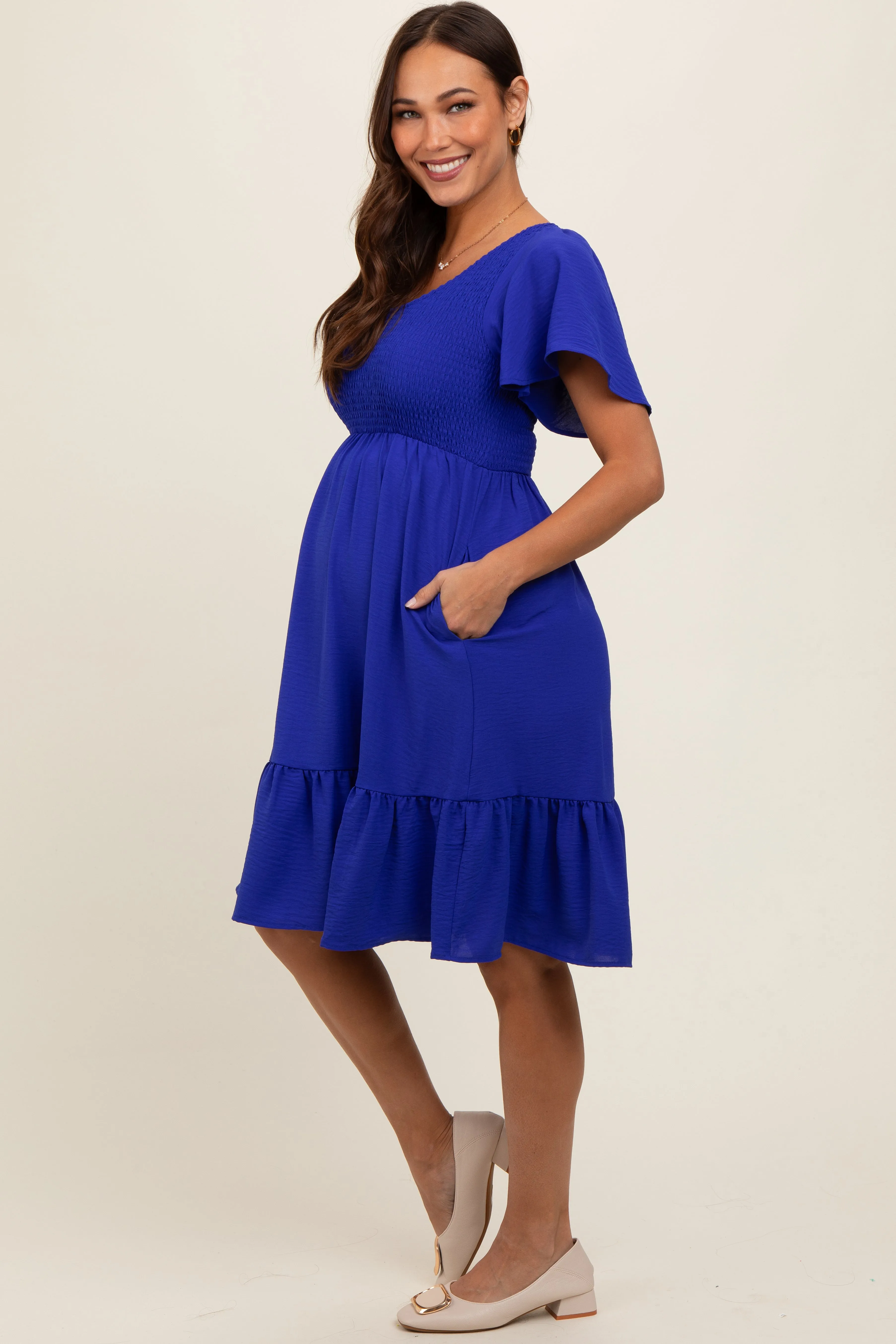 Royal Blue Smocked Ruffle Hem Maternity Dress sold by Pinkblush product image thumbnail 2