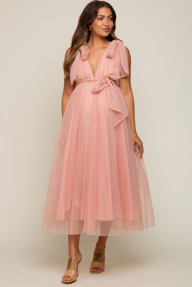 Pink Dotted Tulle Deep V-Neck Shoulder Tie Maternity Midi Dress sold by Pinkblush product image thumbnail 5