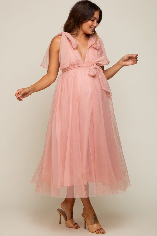 Pink Dotted Tulle Deep V-Neck Shoulder Tie Maternity Midi Dress sold by Pinkblush product image thumbnail 2