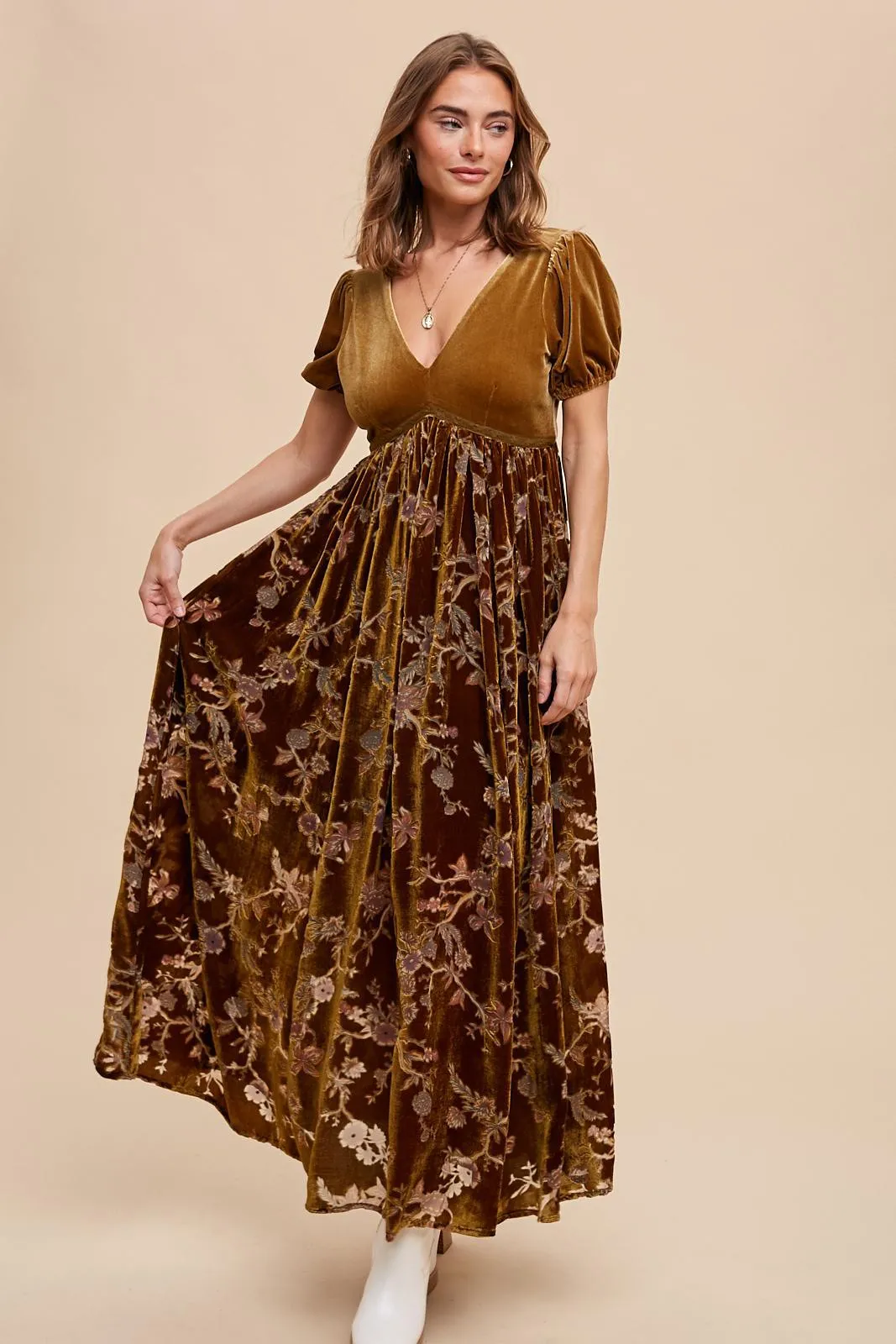 Camel Floral Burnout Velvet Maxi Dress sold by Pinkblush product image thumbnail 2