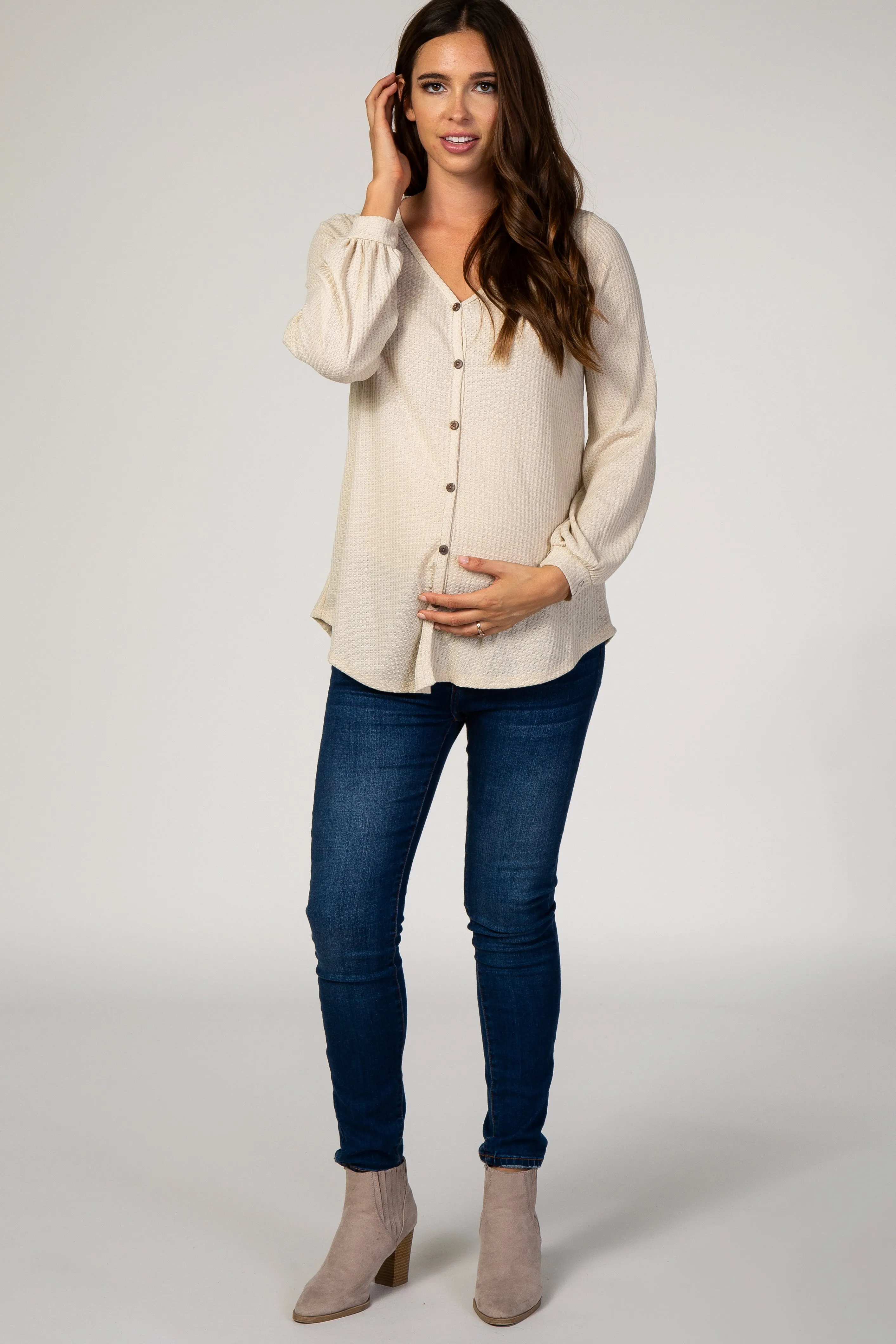Beige Waffle Knit Button Front Maternity Top sold by Pinkblush product image thumbnail 4