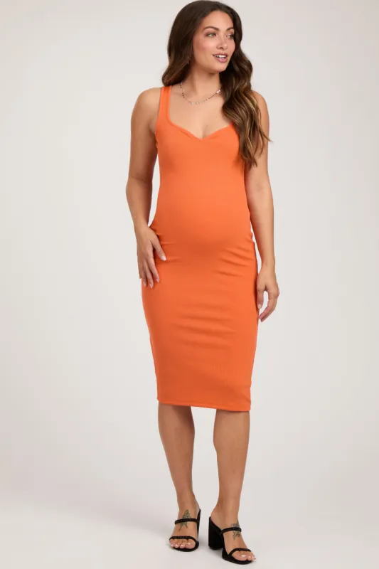 Orange Sleeveless Ribbed Fitted Maternity Dress sold by Pinkblush