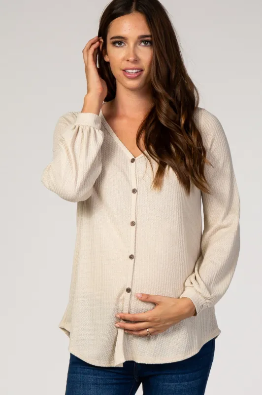 Beige Waffle Knit Button Front Maternity Top sold by Pinkblush