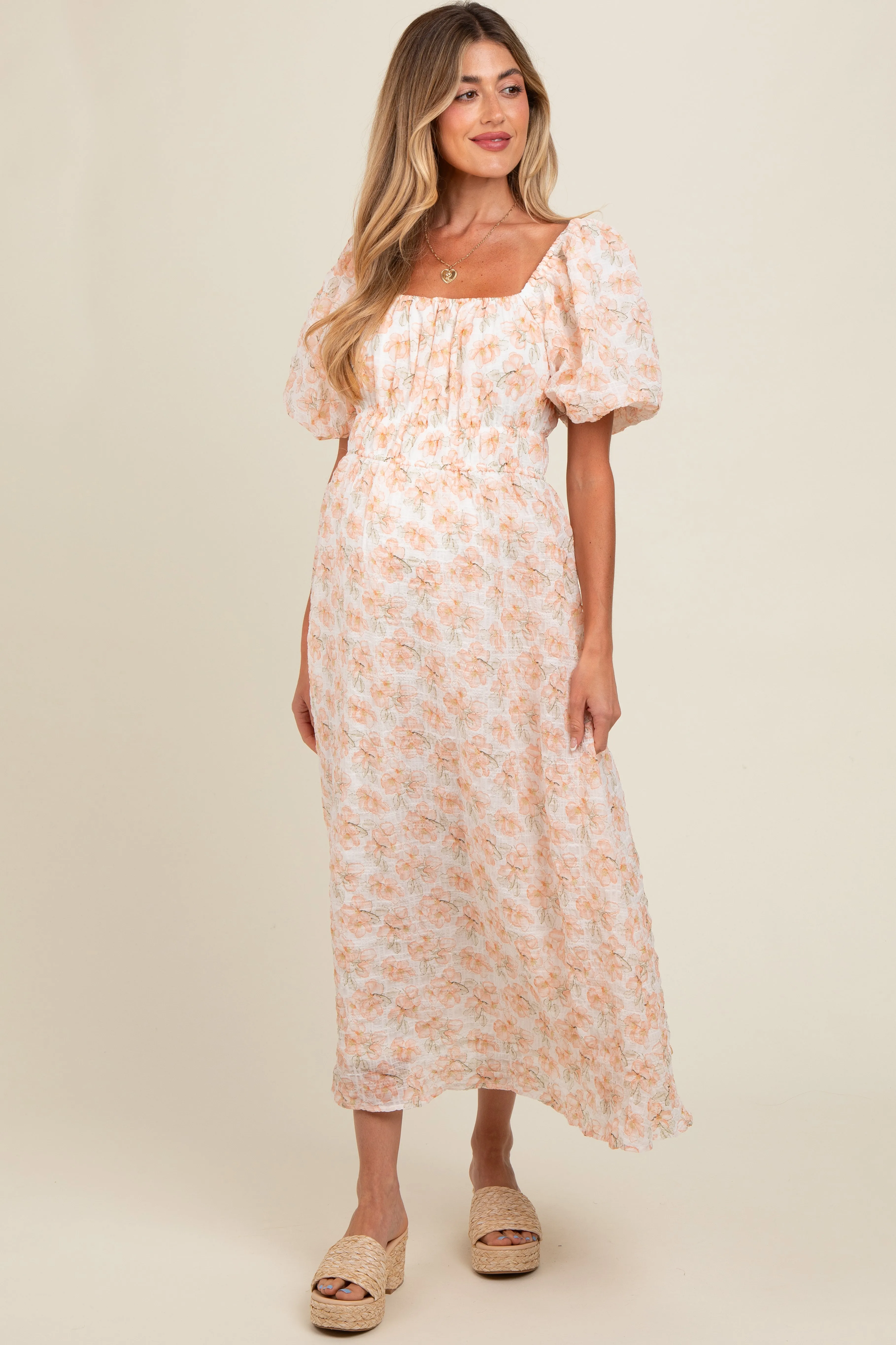Peach Floral Puff Sleeve Maternity Midi Dress sold by Pinkblush