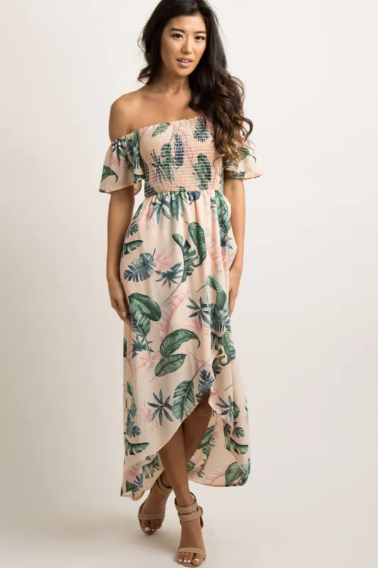 PinkBlush Peach Leaf Print Smocked Off Shoulder Dress sold by Pinkblush