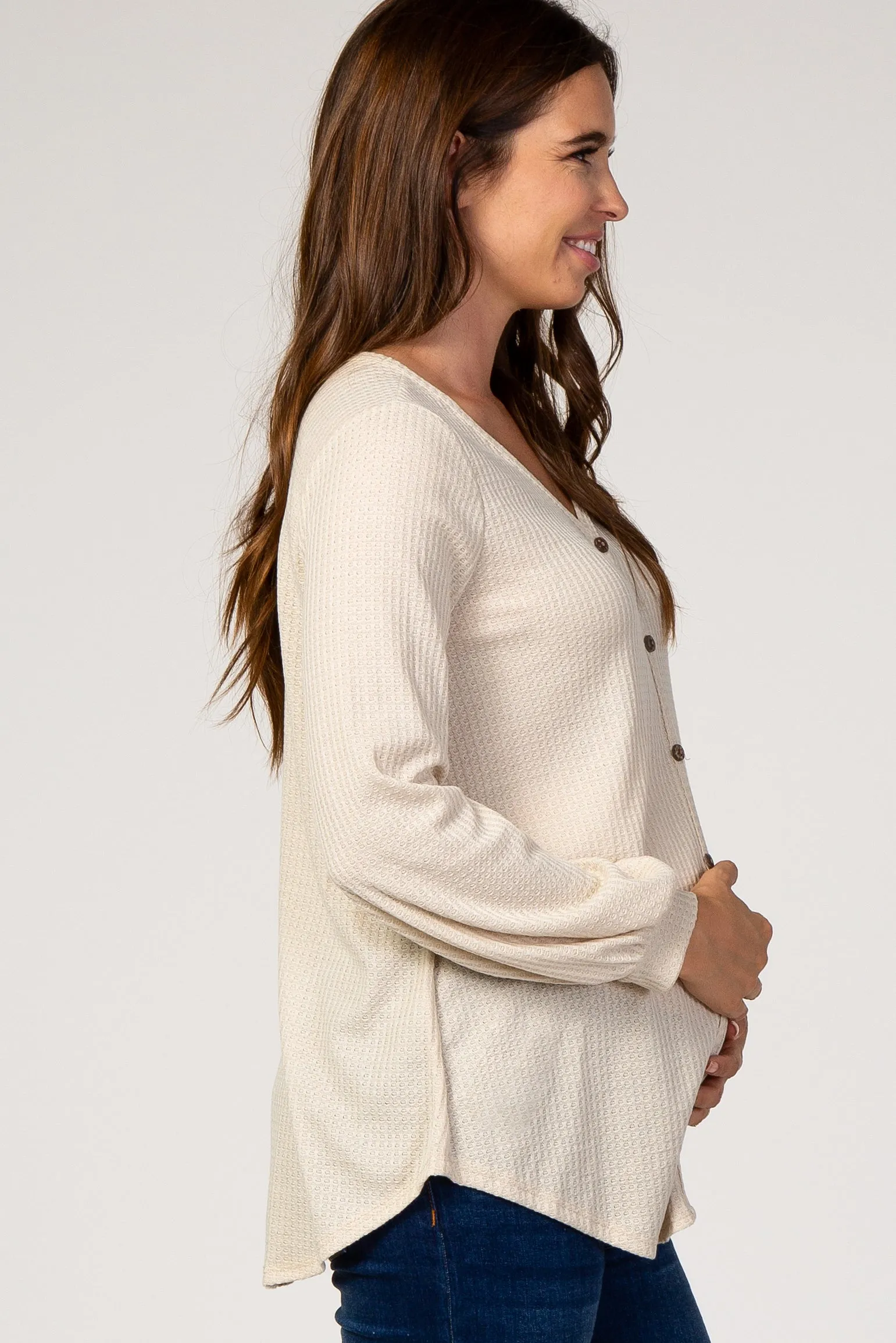 Beige Waffle Knit Button Front Maternity Top sold by Pinkblush product image thumbnail 2