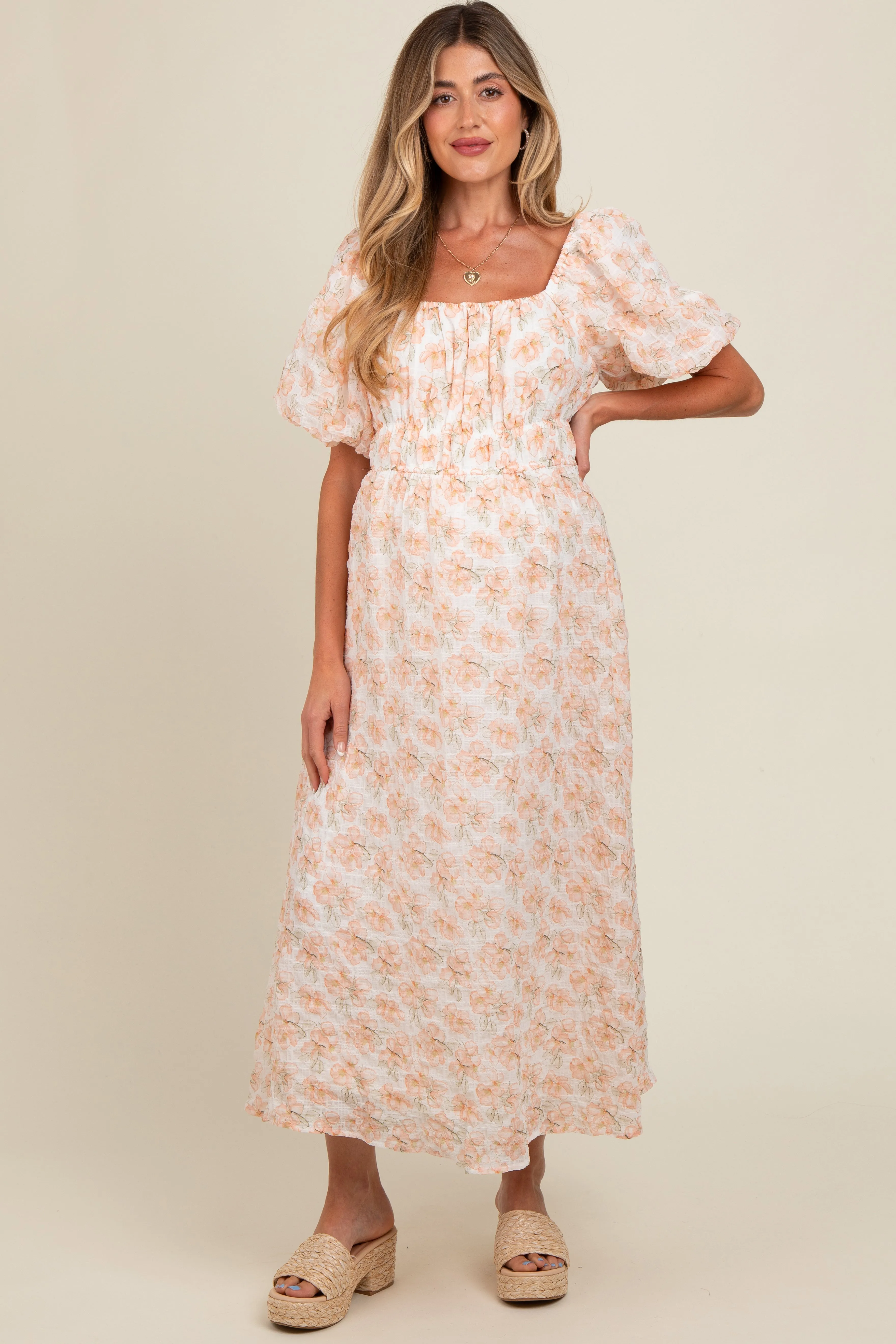 Peach Floral Puff Sleeve Maternity Midi Dress sold by Pinkblush product image thumbnail 2