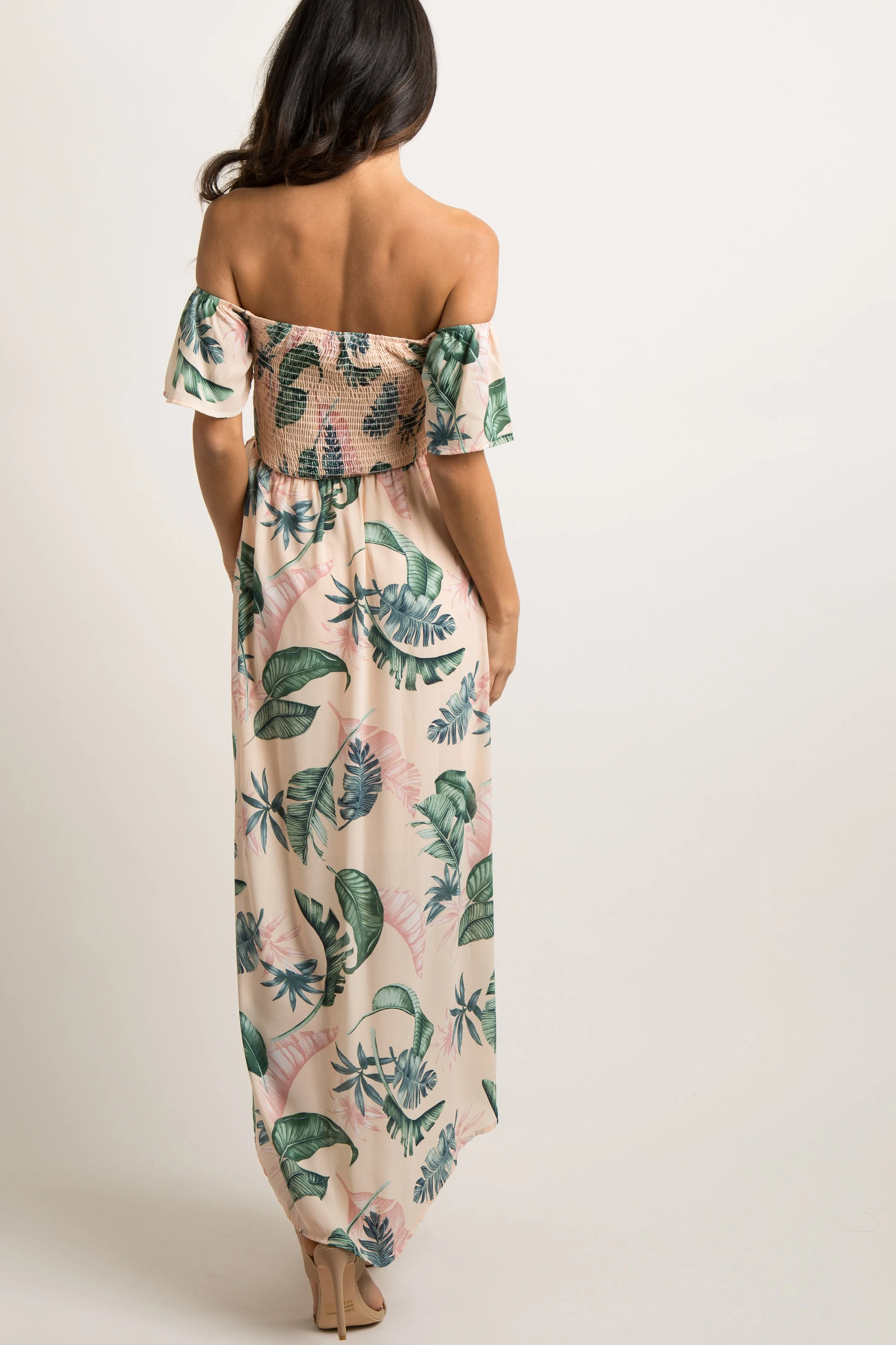 PinkBlush Peach Leaf Print Smocked Off Shoulder Dress sold by Pinkblush product image thumbnail 3