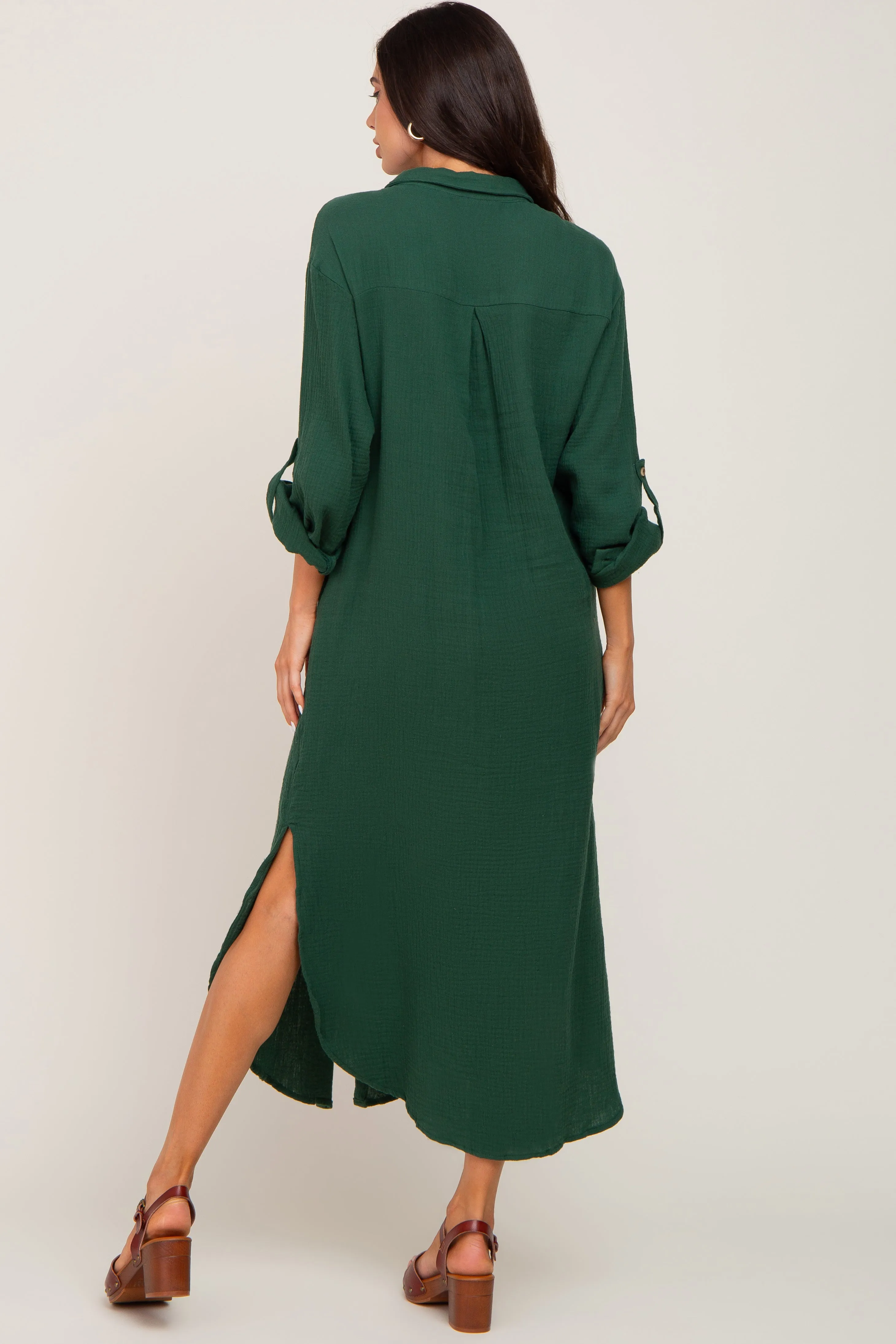 Forest Green Button Down 3/4 Sleeve Maternity Midi Dress sold by Pinkblush product image thumbnail 3