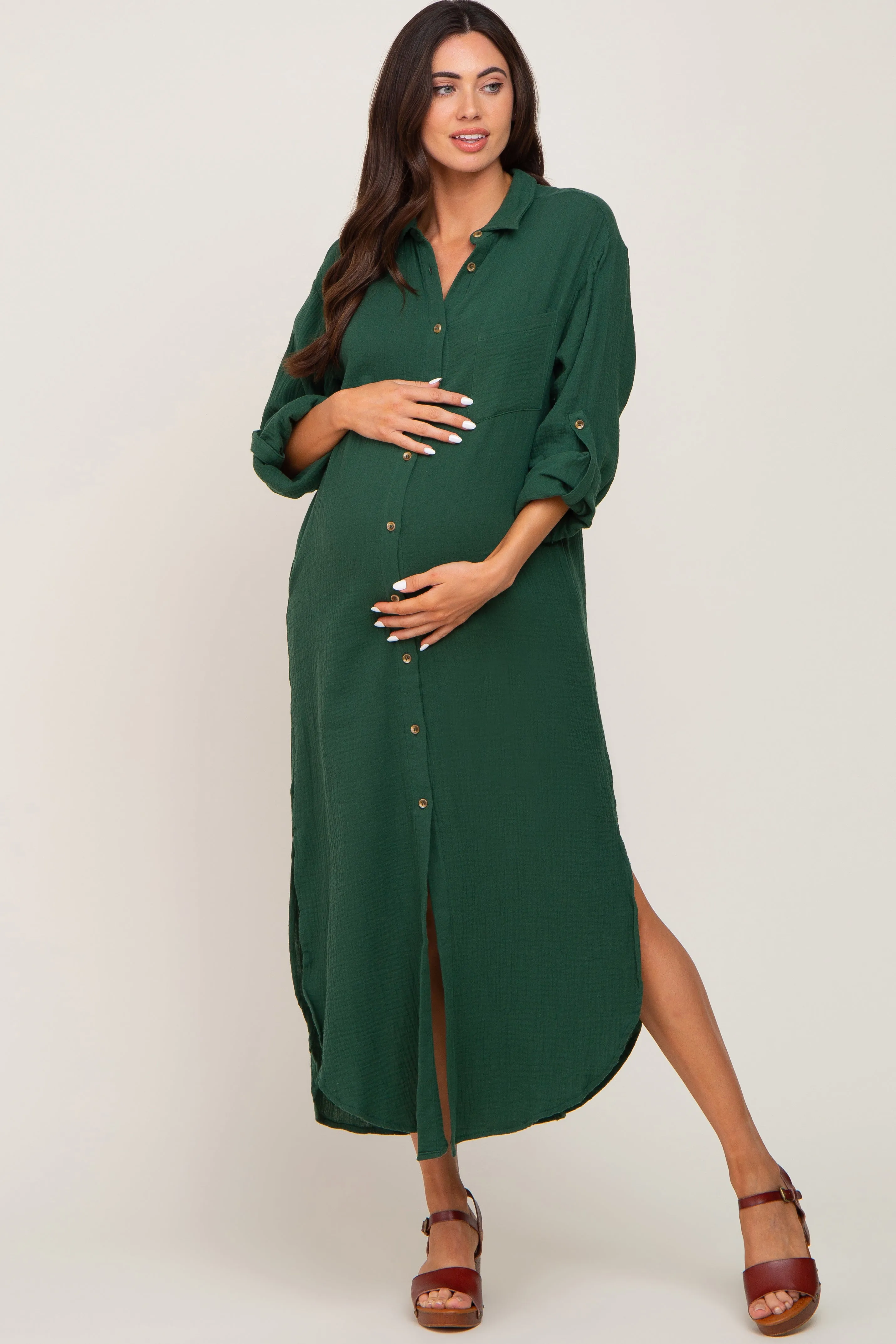 Forest Green Button Down 3/4 Sleeve Maternity Midi Dress sold by Pinkblush
