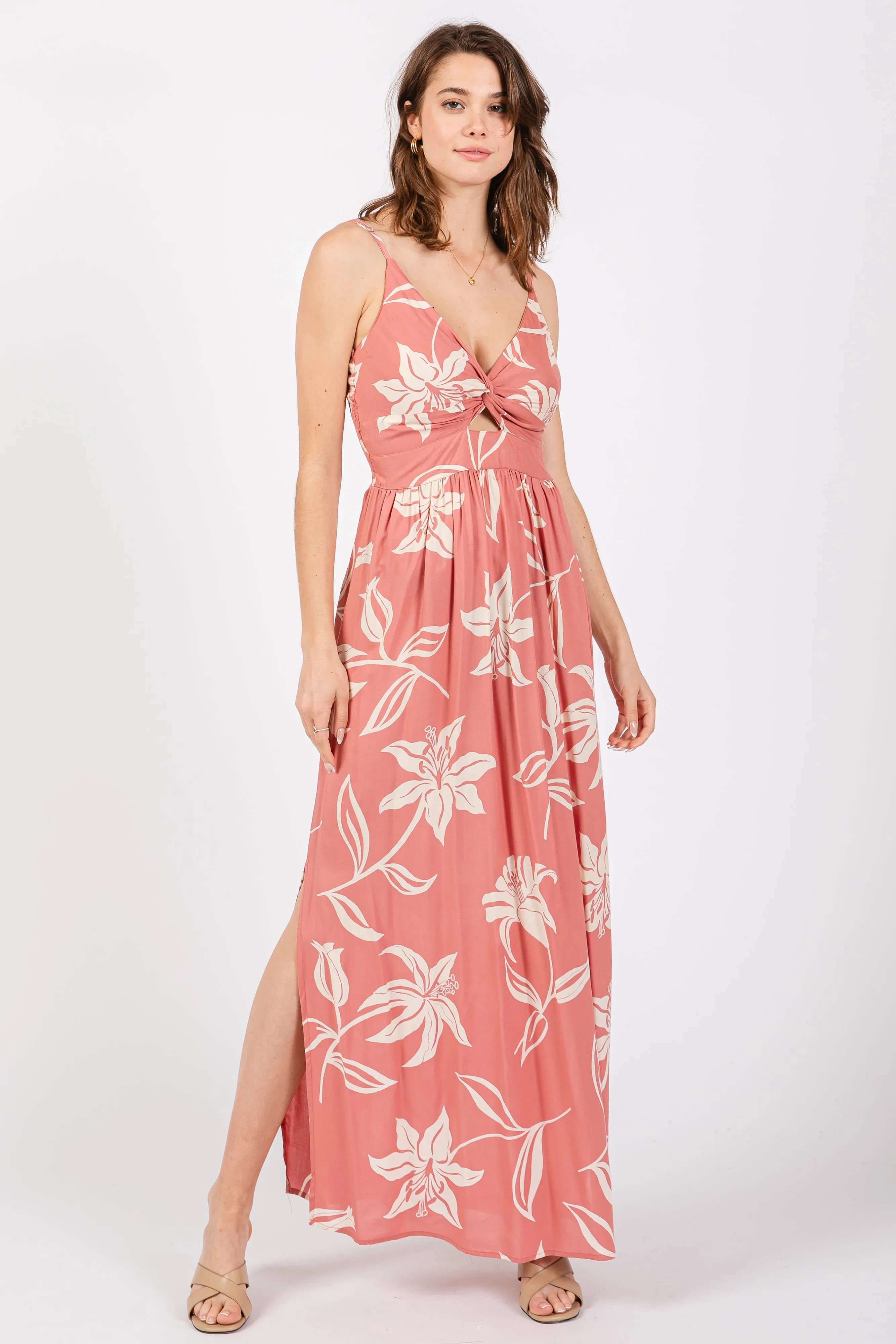 Mauve Floral Sleeveless Knotted Maxi Dress sold by Pinkblush