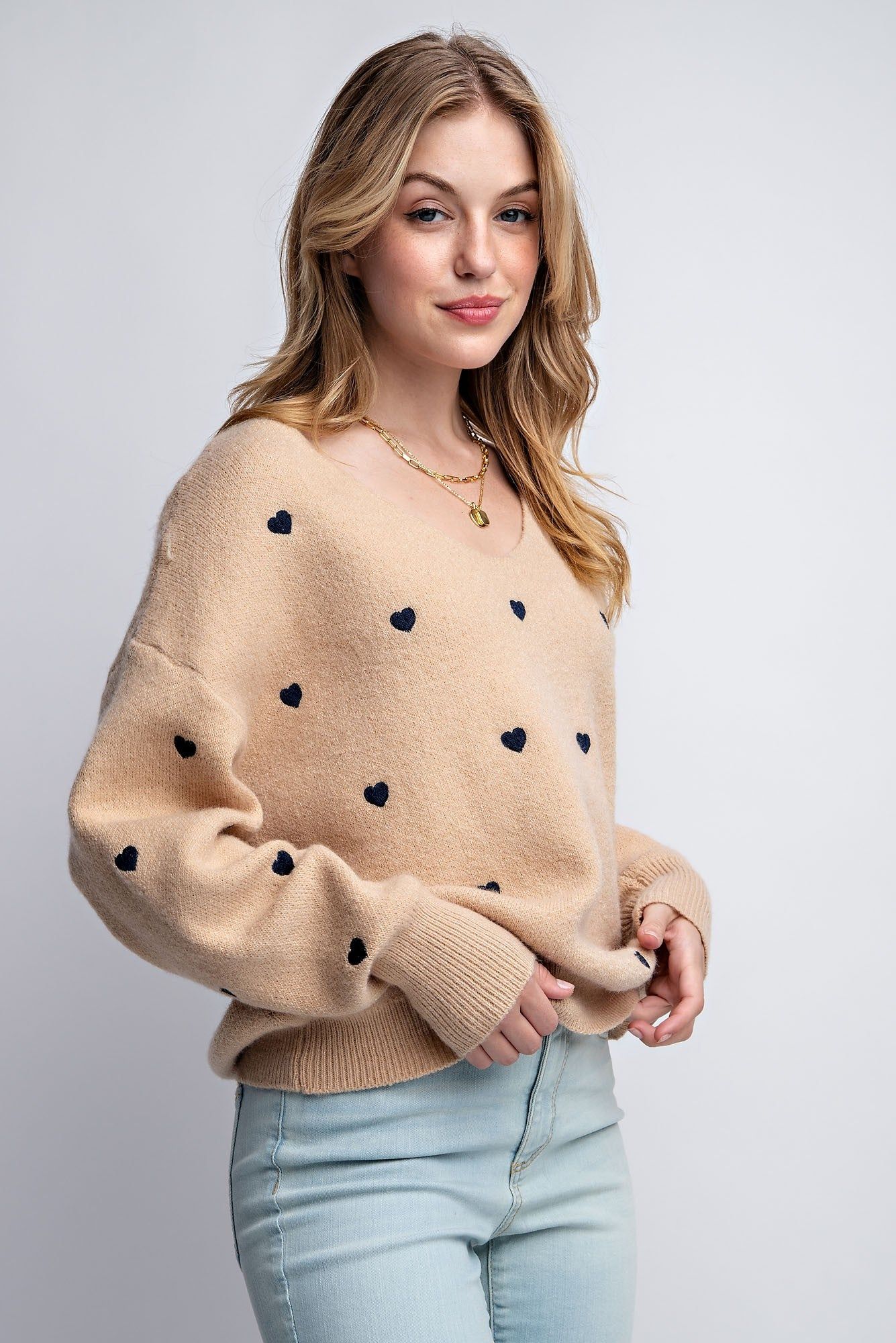 Taupe Heart Pattern Boxy Knit Pullover Sweater sold by Pinkblush