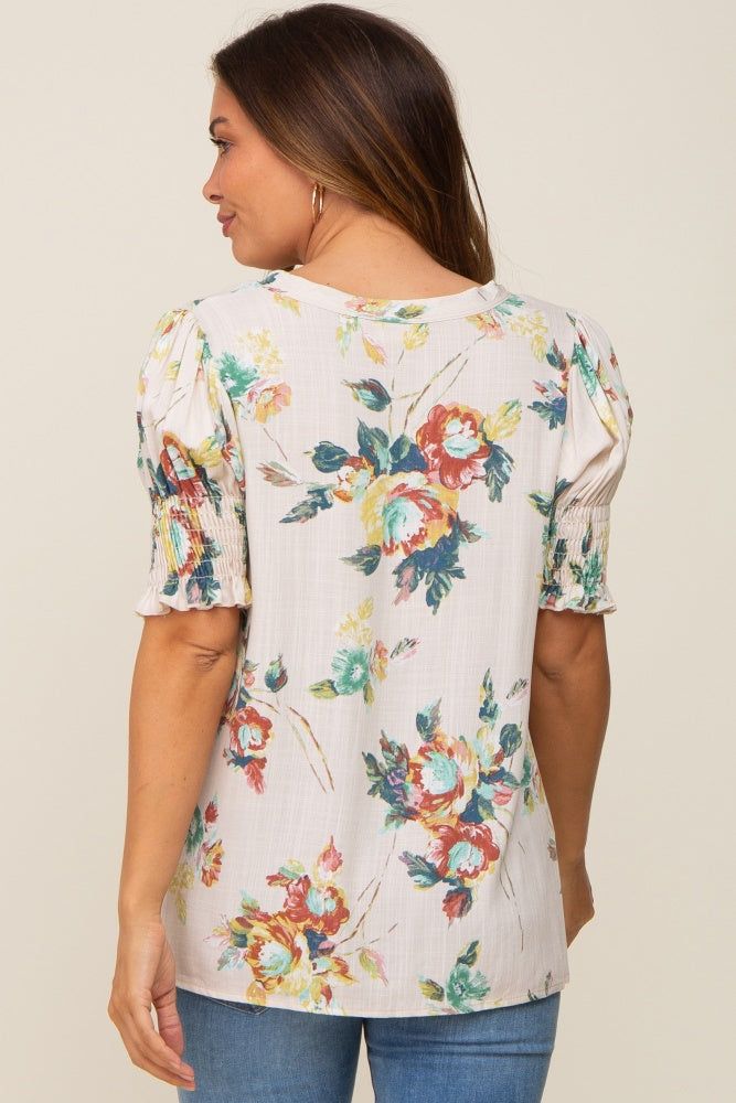 Beige Floral Smocked Sleeve Maternity Top sold by Pinkblush product image thumbnail 3