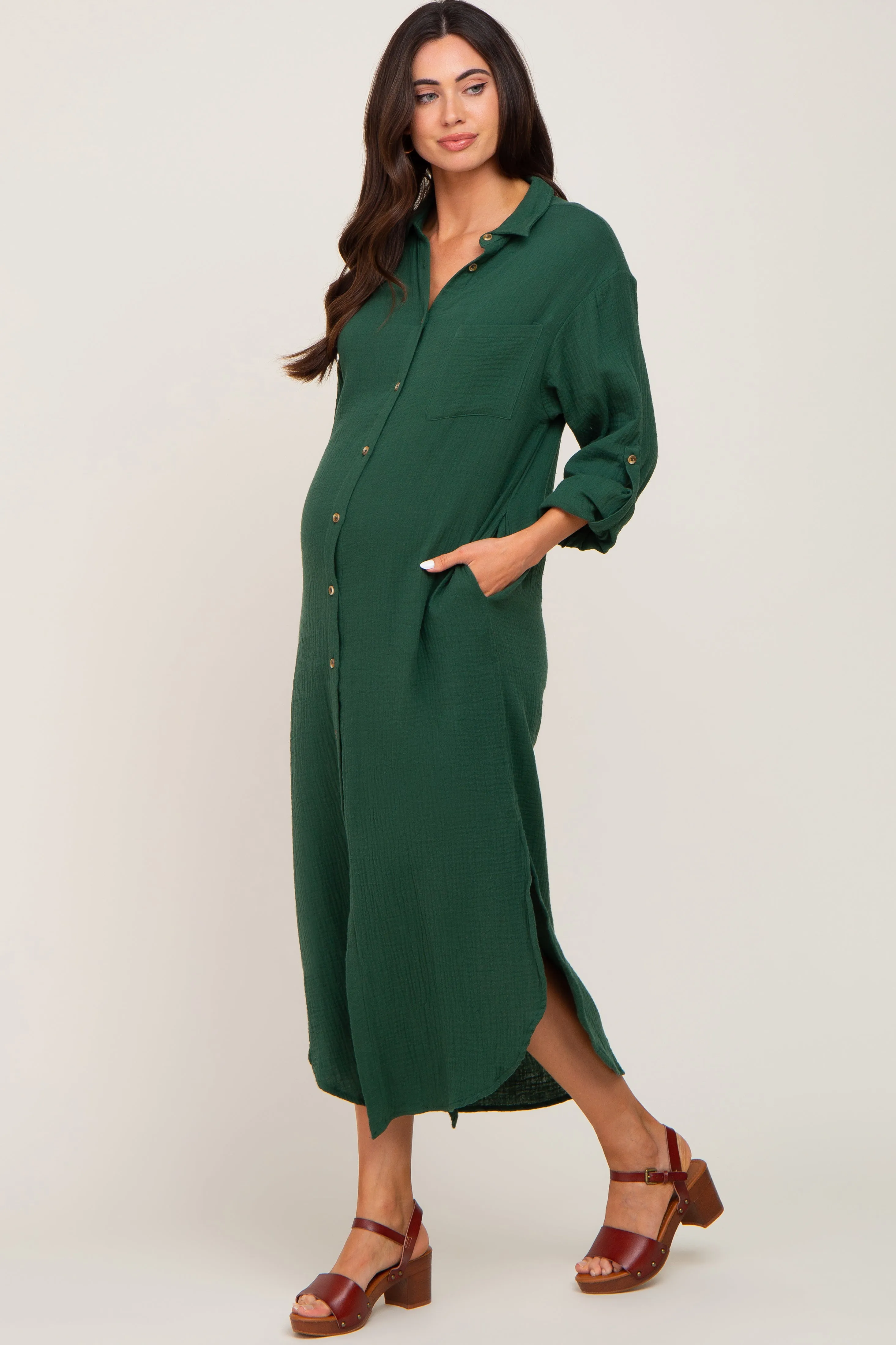 Forest Green Button Down 3/4 Sleeve Maternity Midi Dress sold by Pinkblush product image thumbnail 2