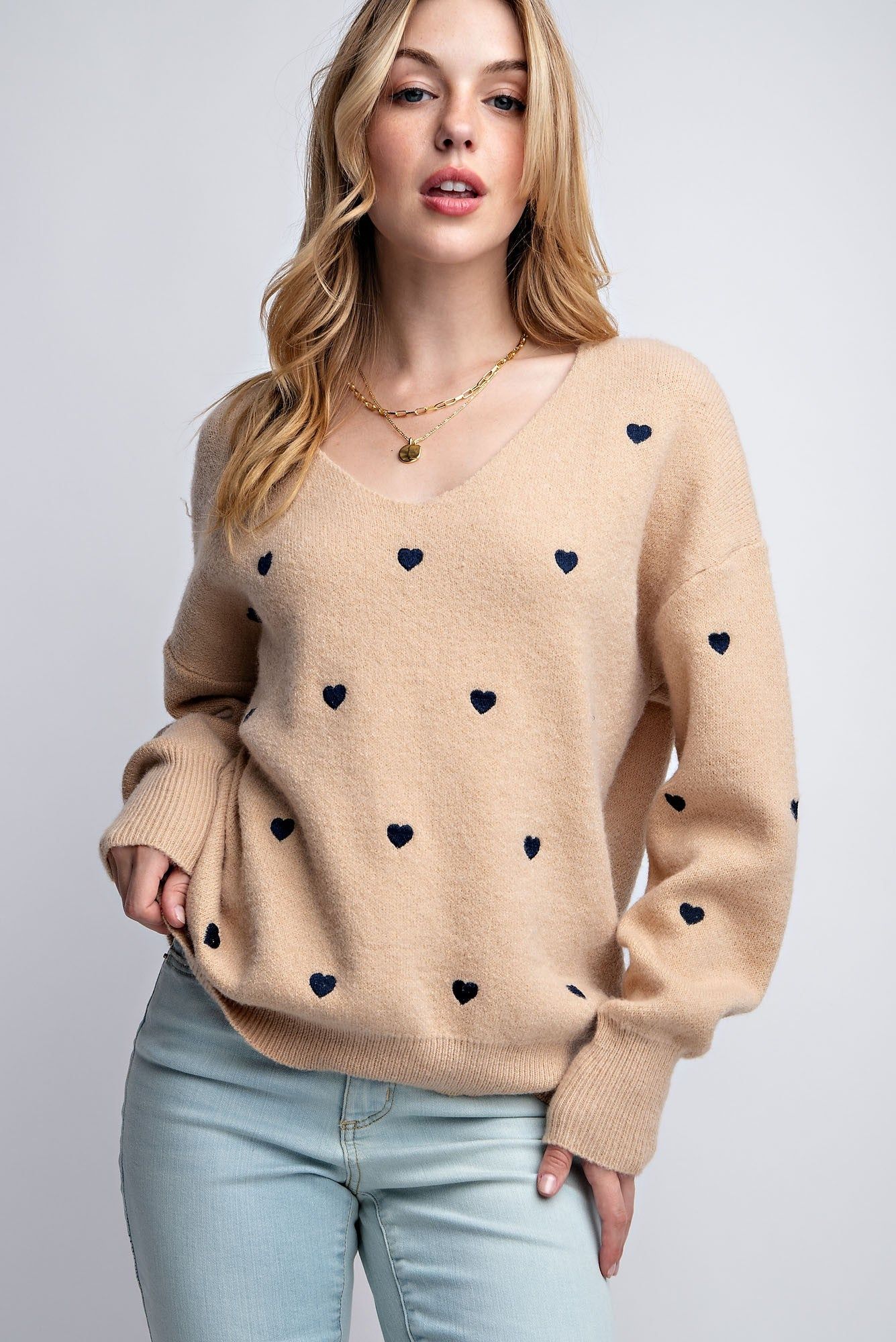 Taupe Heart Pattern Boxy Knit Pullover Sweater sold by Pinkblush product image thumbnail 2