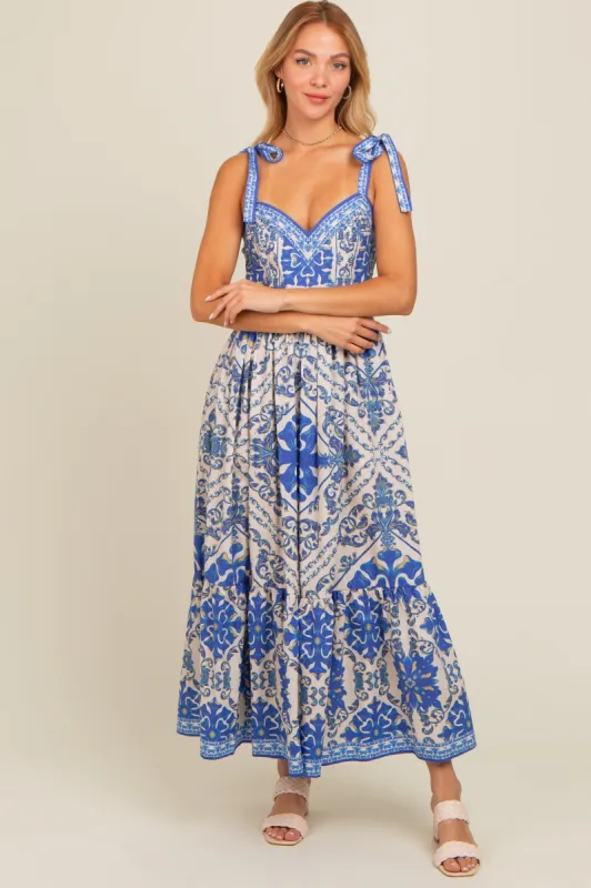Blue Printed Sweetheart Neckline Shoulder Tie Maxi Dress sold by Pinkblush