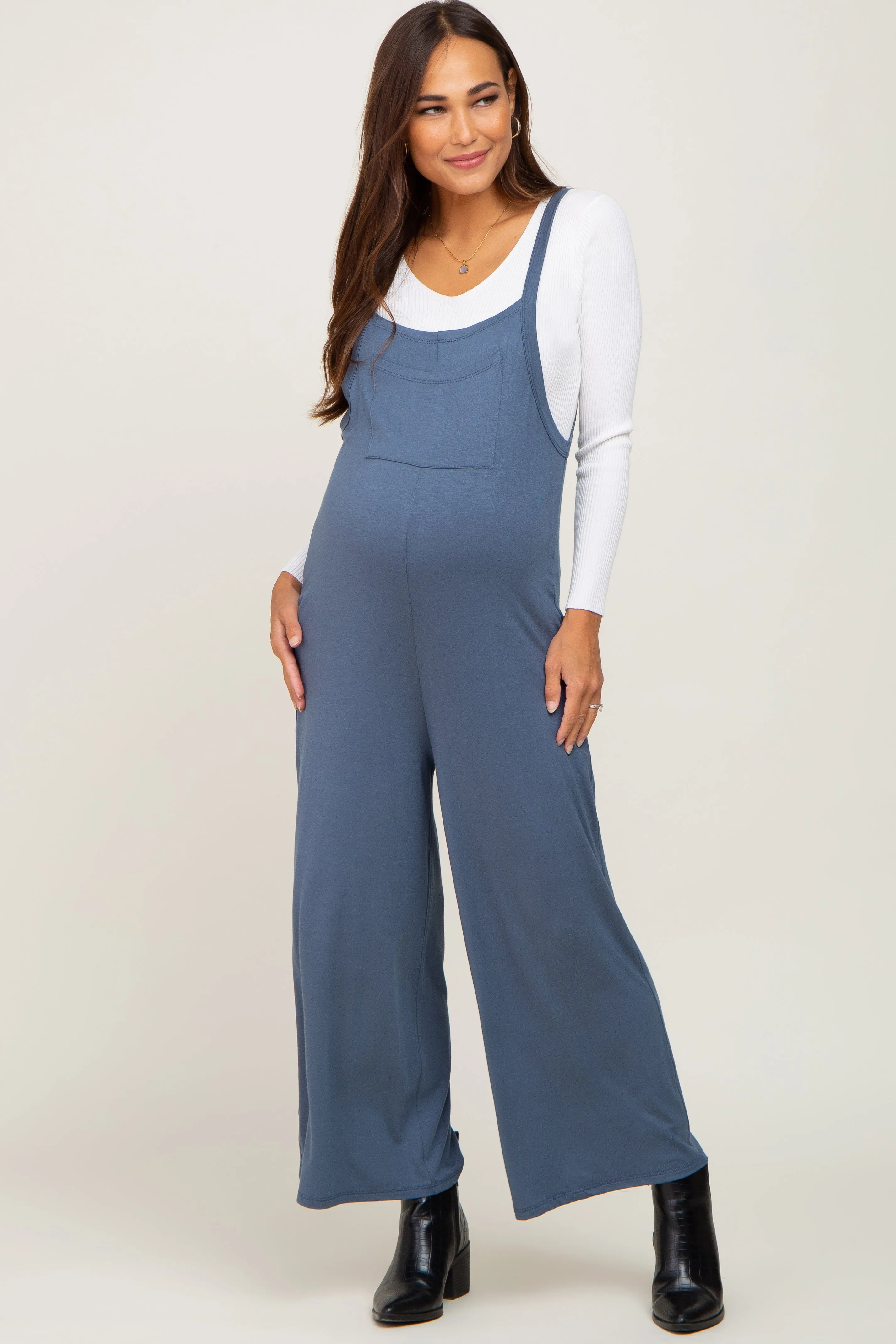 Navy Sleeveless Pocketed Wide Leg Maternity Jumpsuit sold by Pinkblush
