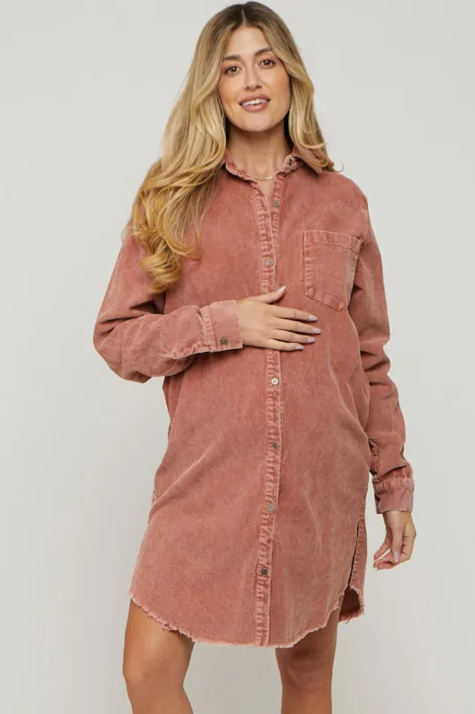 Rust Corduroy Button Down Collared Maternity Dress sold by Pinkblush