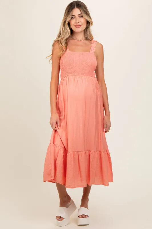 Coral Smocked Bodice Maternity Maxi Dress sold by Pinkblush