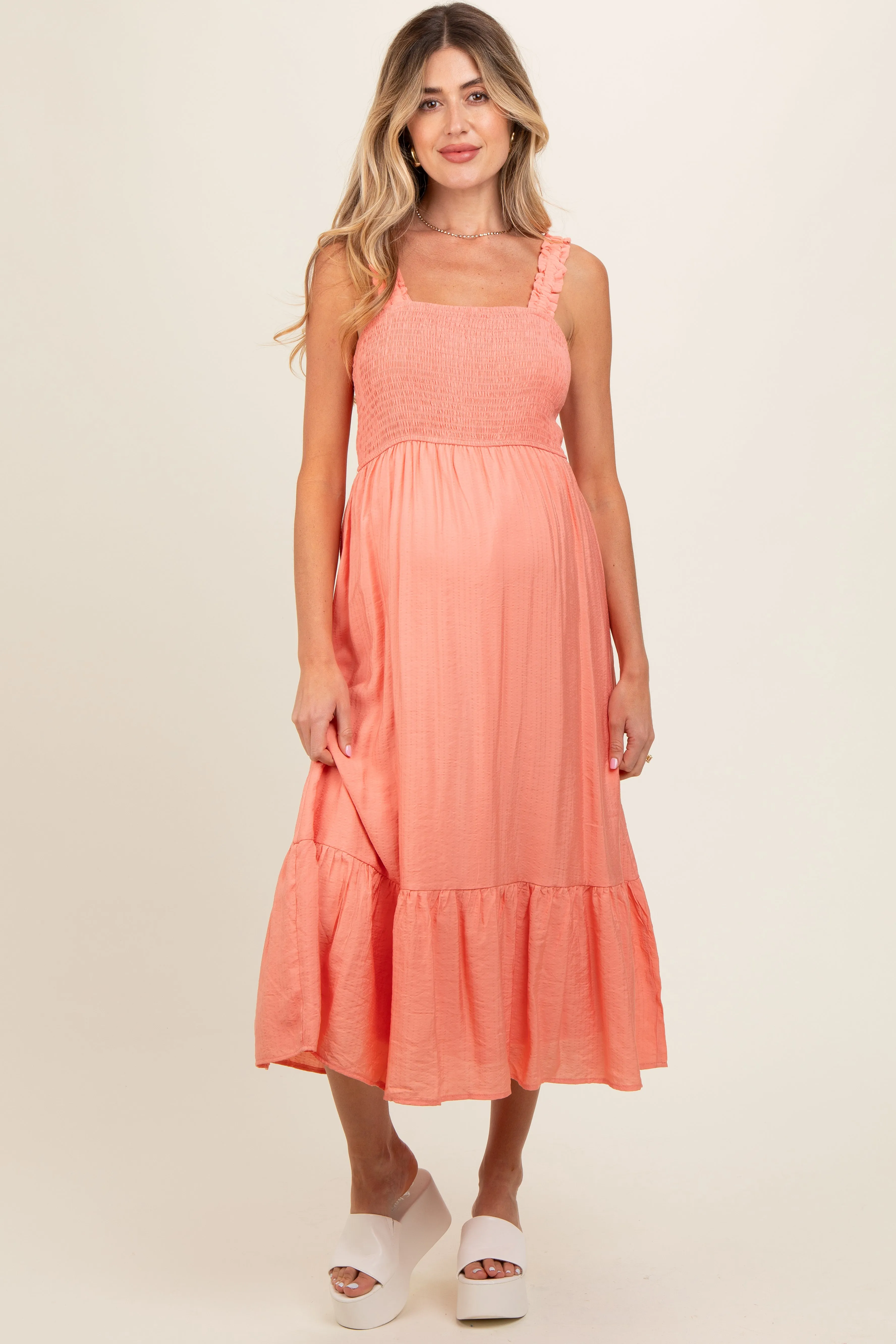 Coral Smocked Bodice Maternity Maxi Dress sold by Pinkblush