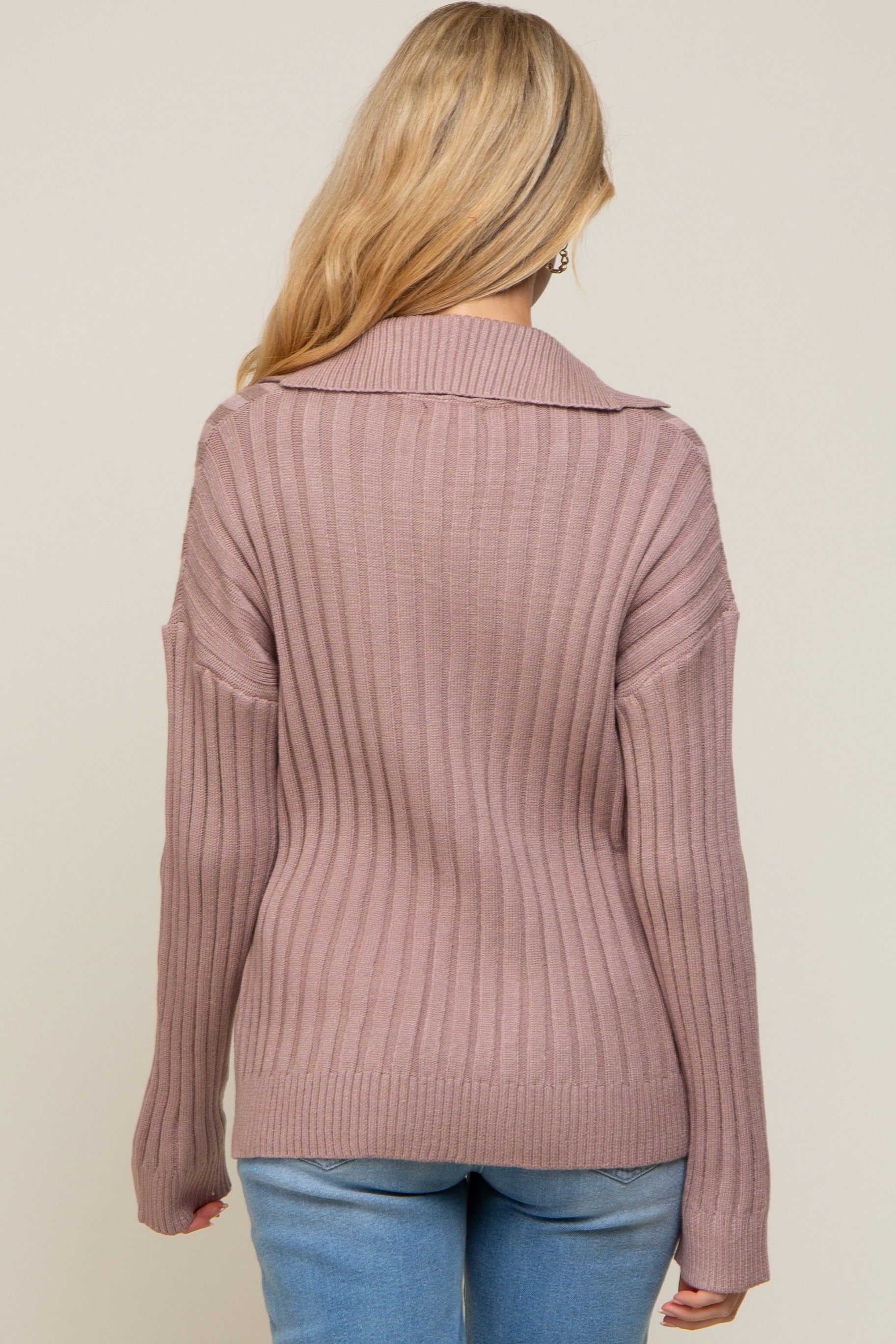 Mauve Ribbed Knit Collared Long Sleeve Maternity Top sold by Pinkblush product image thumbnail 5