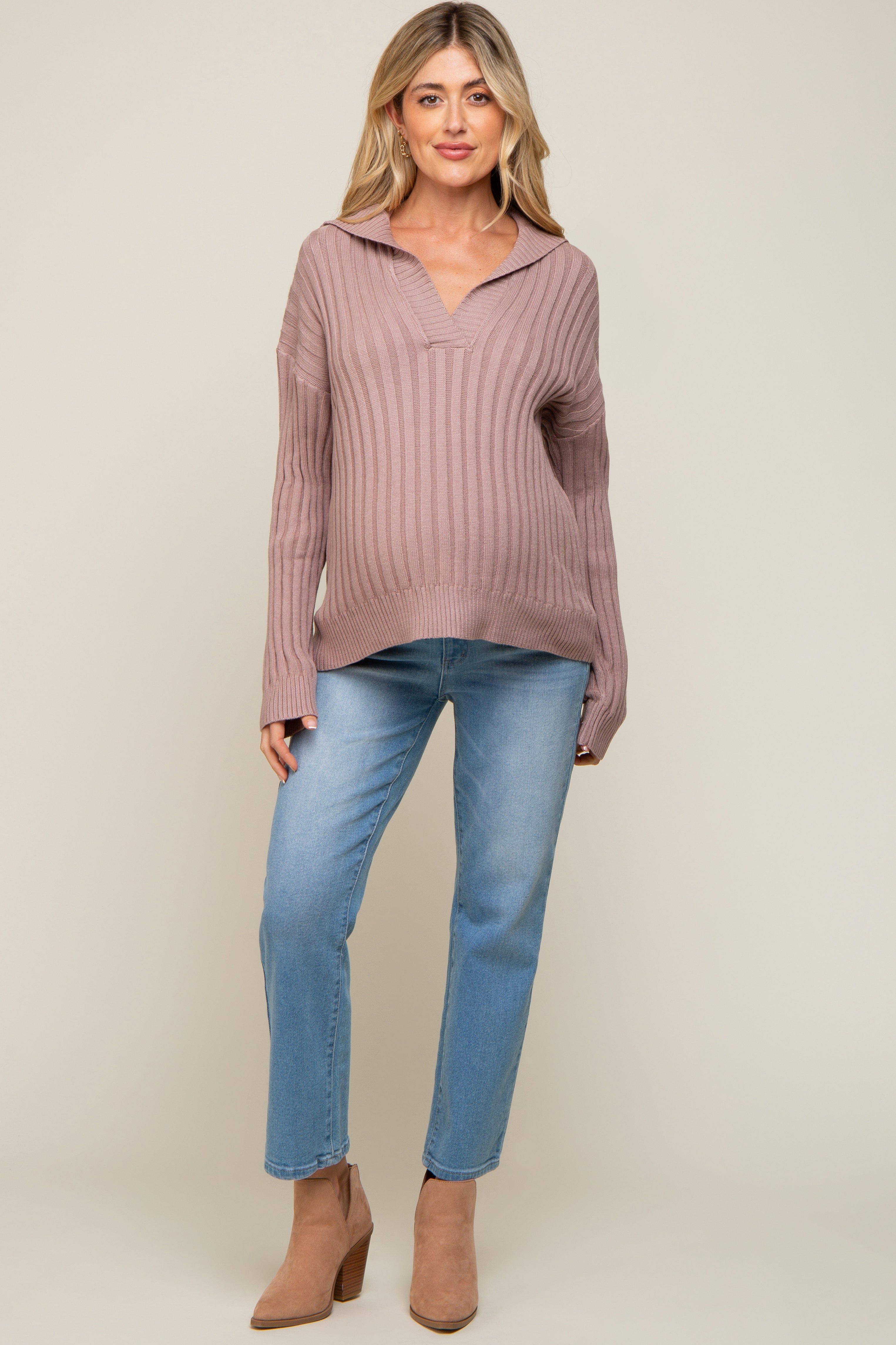 Mauve Ribbed Knit Collared Long Sleeve Maternity Top sold by Pinkblush product image thumbnail 2