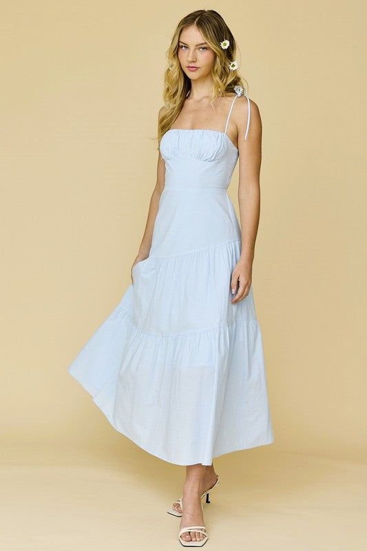 Blue Smocked Back Tiered Midi Dress sold by Pinkblush