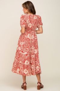 Rust Floral Tiered Midi Dress sold by Pinkblush