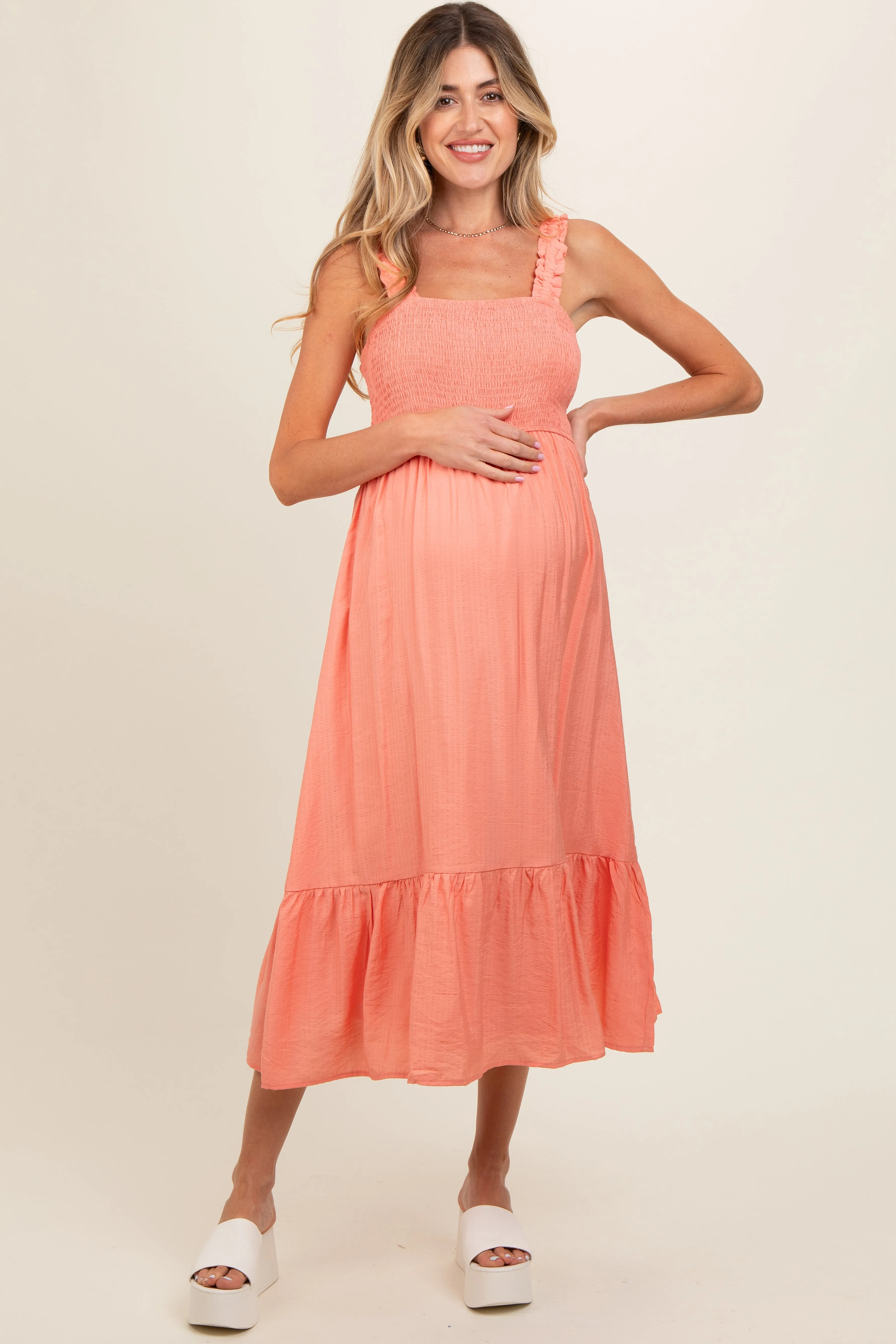 Coral Smocked Bodice Maternity Maxi Dress sold by Pinkblush product image thumbnail 2