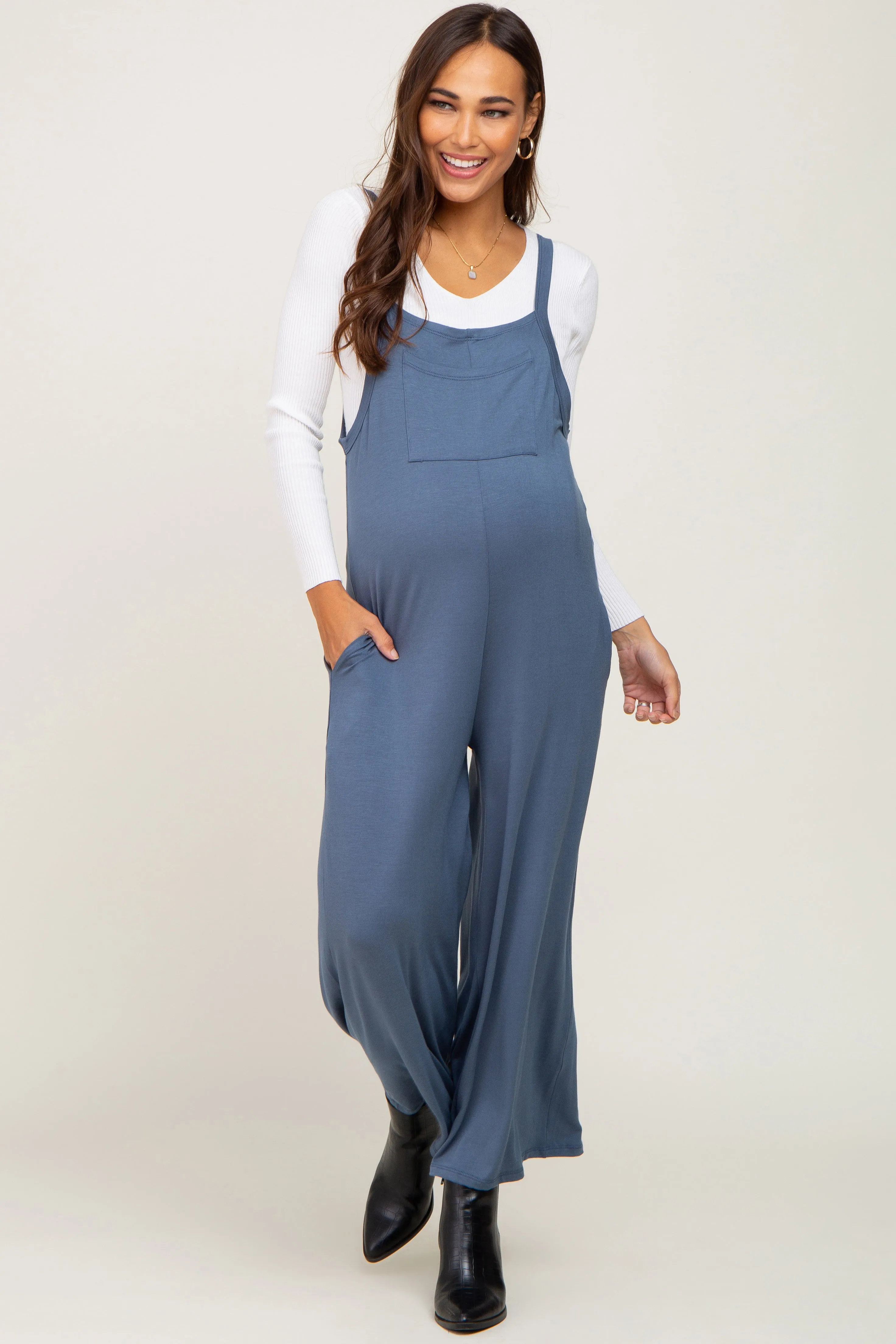 Navy Sleeveless Pocketed Wide Leg Maternity Jumpsuit sold by Pinkblush product image thumbnail 2