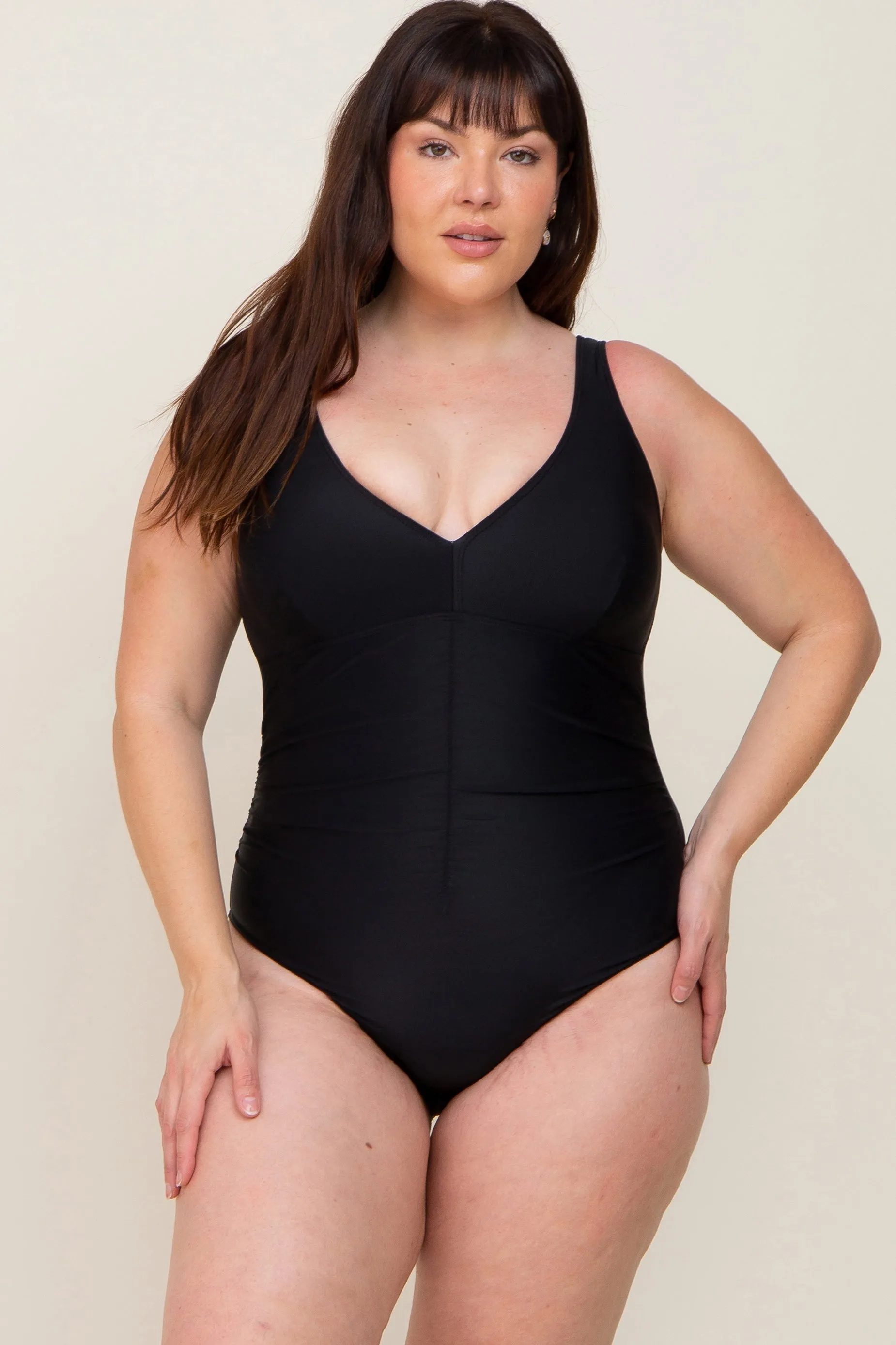 Black Ruched Plus Maternity One Piece Swimsuit sold by Pinkblush product image thumbnail 5