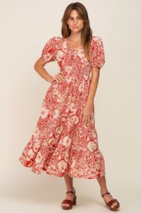 Rust Floral Tiered Midi Dress sold by Pinkblush