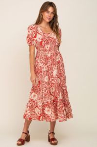 Rust Floral Tiered Midi Dress sold by Pinkblush