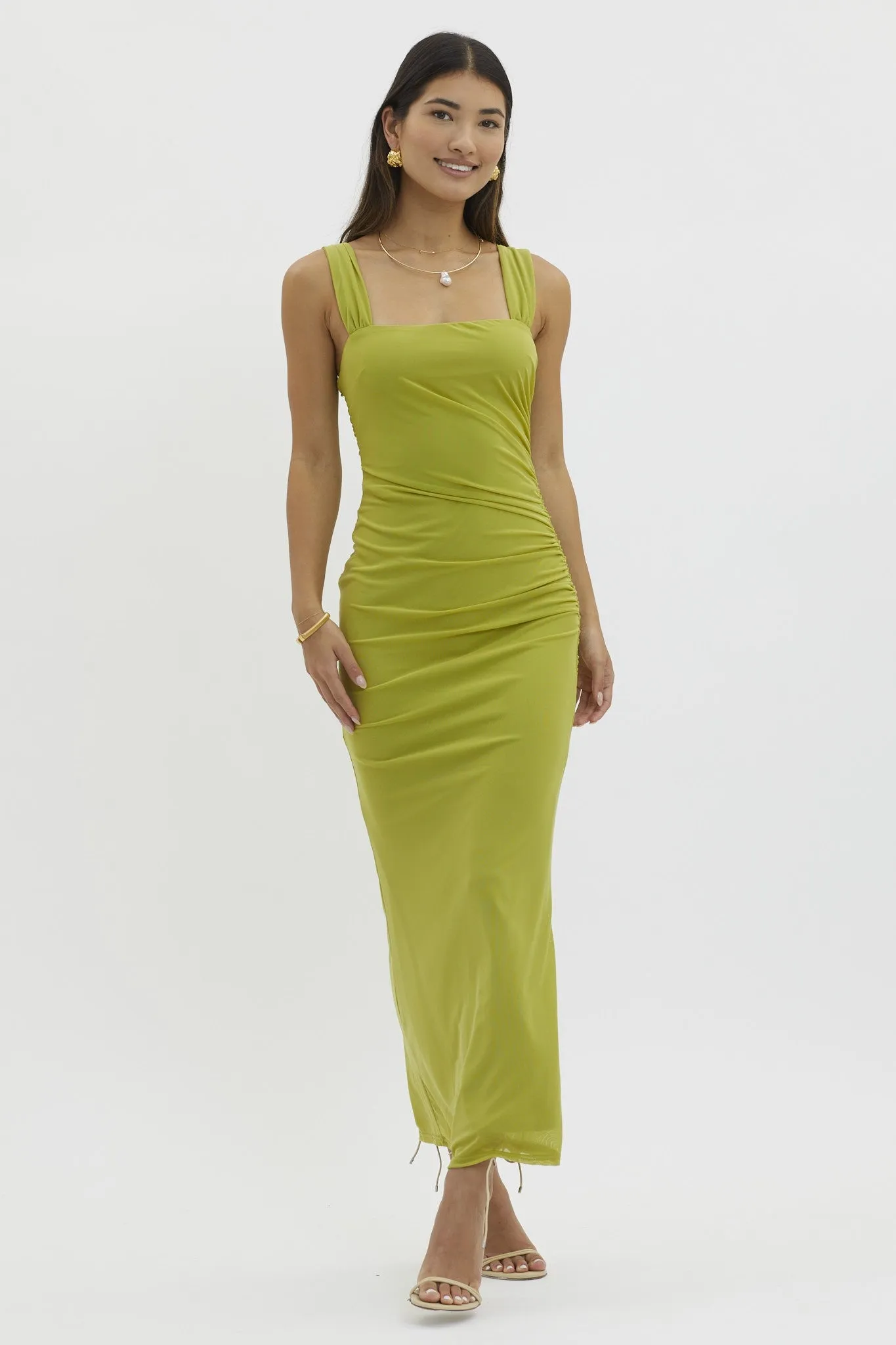 Light Olive Ruched Maxi Dress sold by Pinkblush