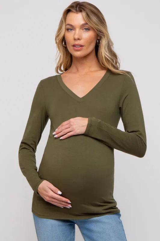 Olive Fitted Long Sleeve Maternity Top sold by Pinkblush