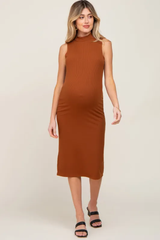 Camel Ribbed Sleeveless Mock Neck Maternity Midi Dress sold by Pinkblush
