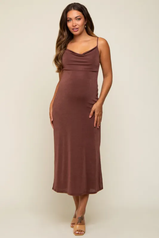 Brown Cowl Neck Maternity Midi Dress sold by Pinkblush