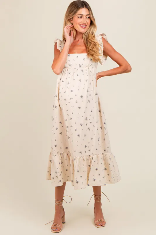 Cream Cutout Back Ruffle Accent Maternity Midi Dress sold by Pinkblush