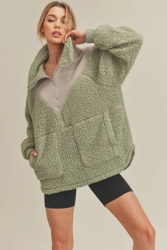 Green Colorblock Half Zip Fleece Pullover sold by Pinkblush