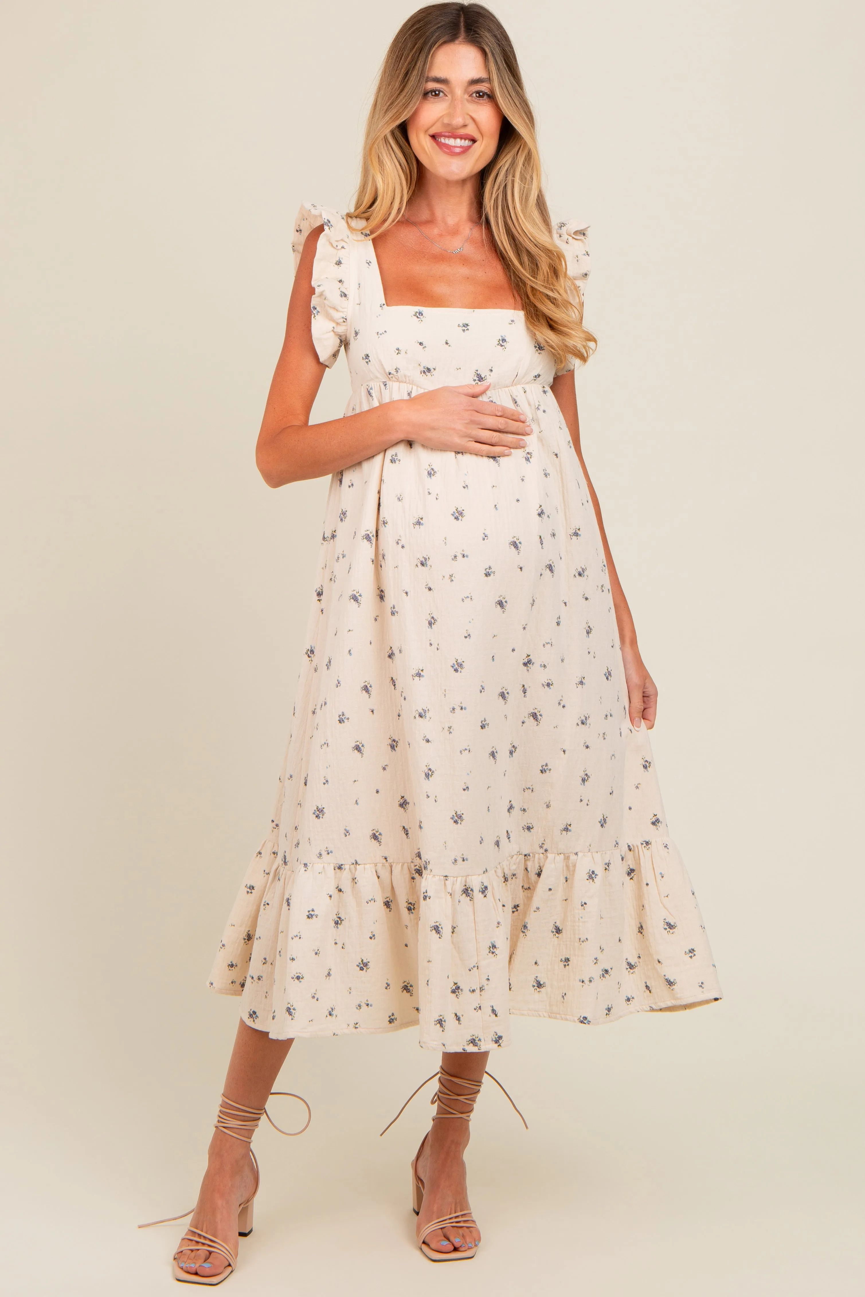Cream Cutout Back Ruffle Accent Maternity Midi Dress sold by Pinkblush product image thumbnail 2