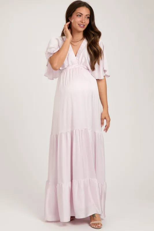 Light Pink V-Neck Flutter Sleeve Tiered Maternity Maxi Dress sold by Pinkblush